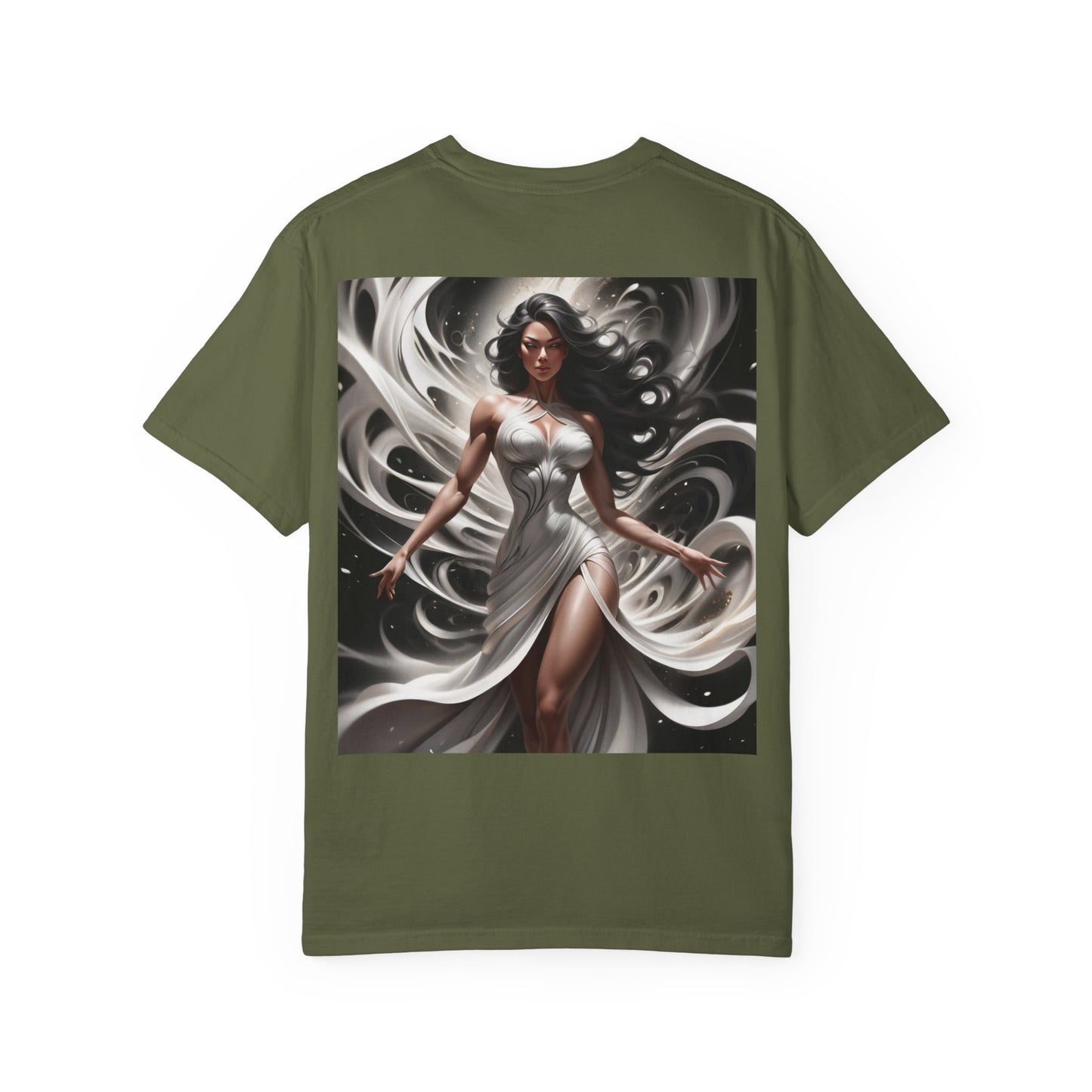 Goddess Art T-Shirt — Elegant White-Draped Fantasy Woman Print