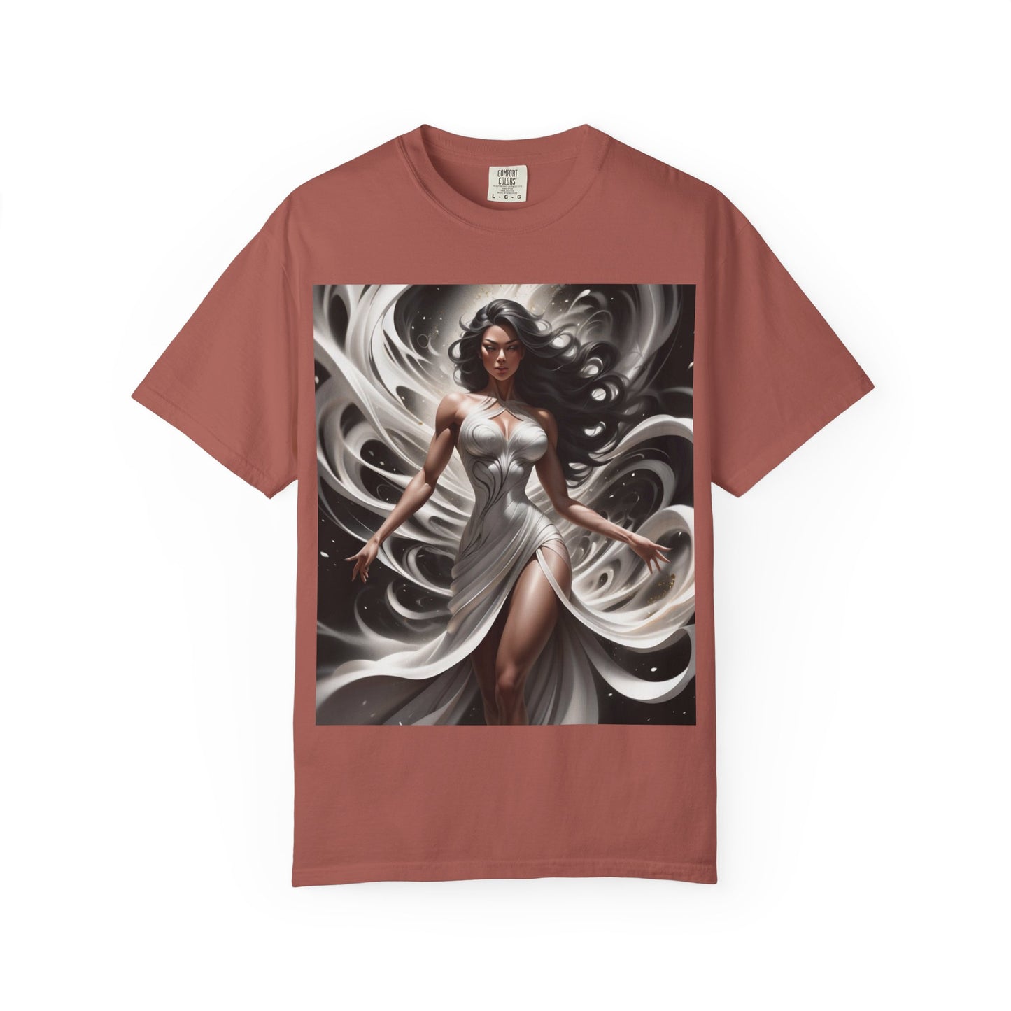 Goddess Art T-Shirt — Elegant White-Draped Fantasy Woman Print