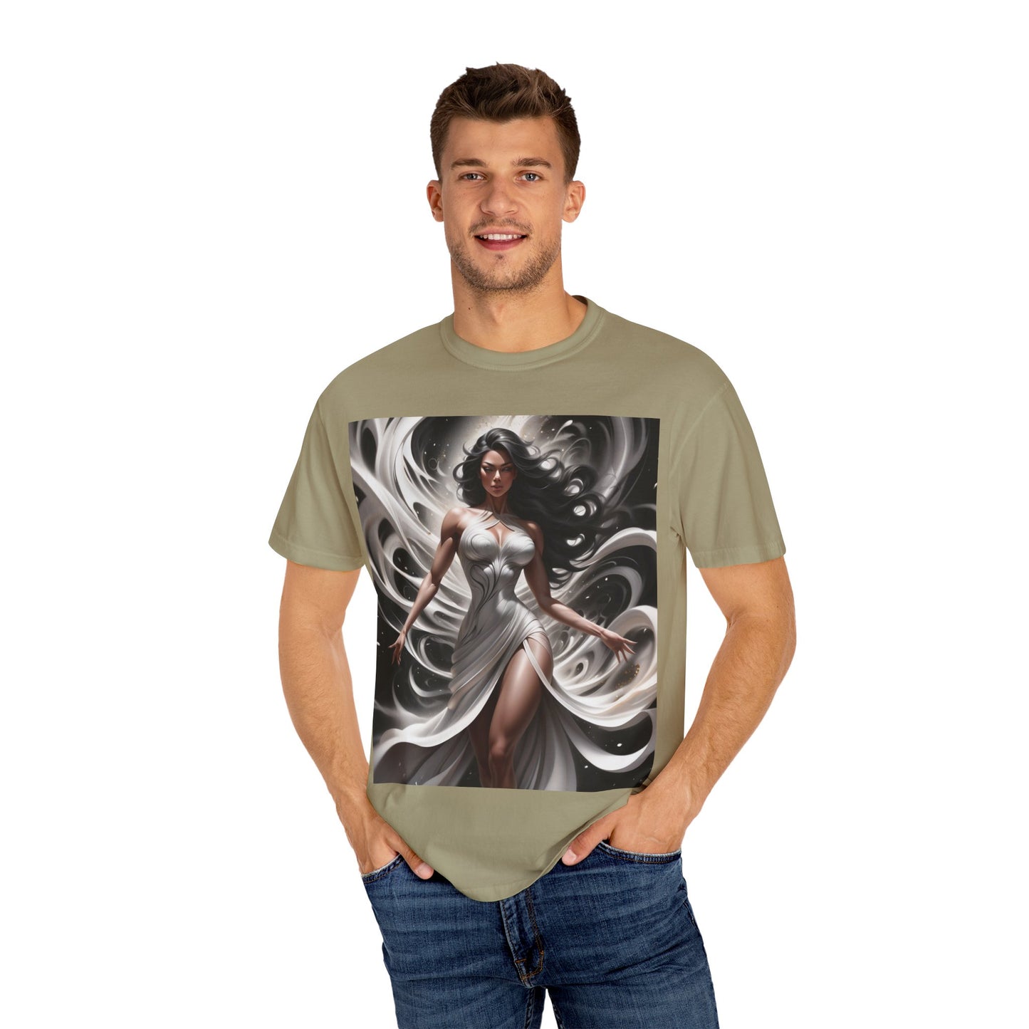 Goddess Art T-Shirt — Elegant White-Draped Fantasy Woman Print