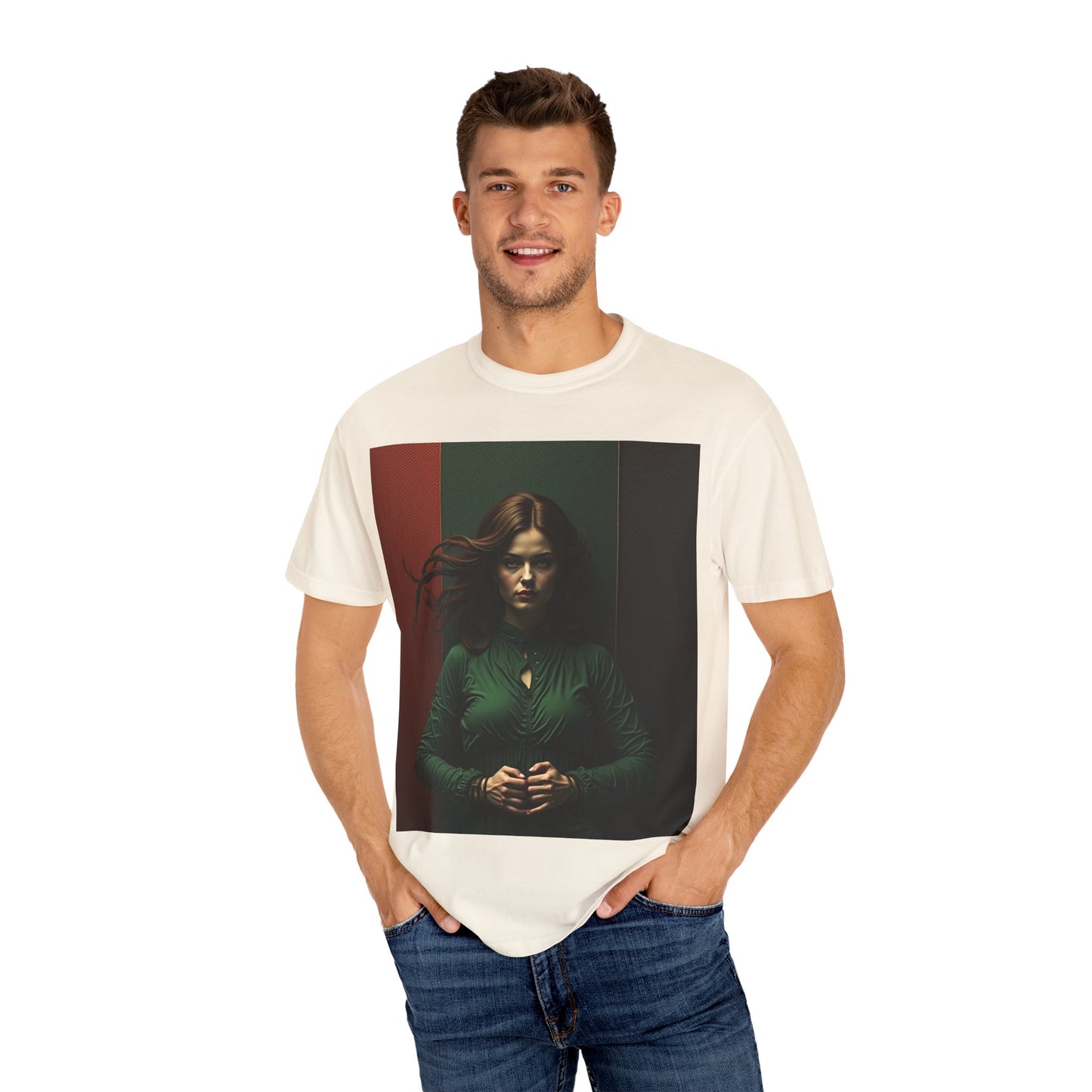 Portrait Photo Tee — Moody Green Woman Graphic T-Shirt