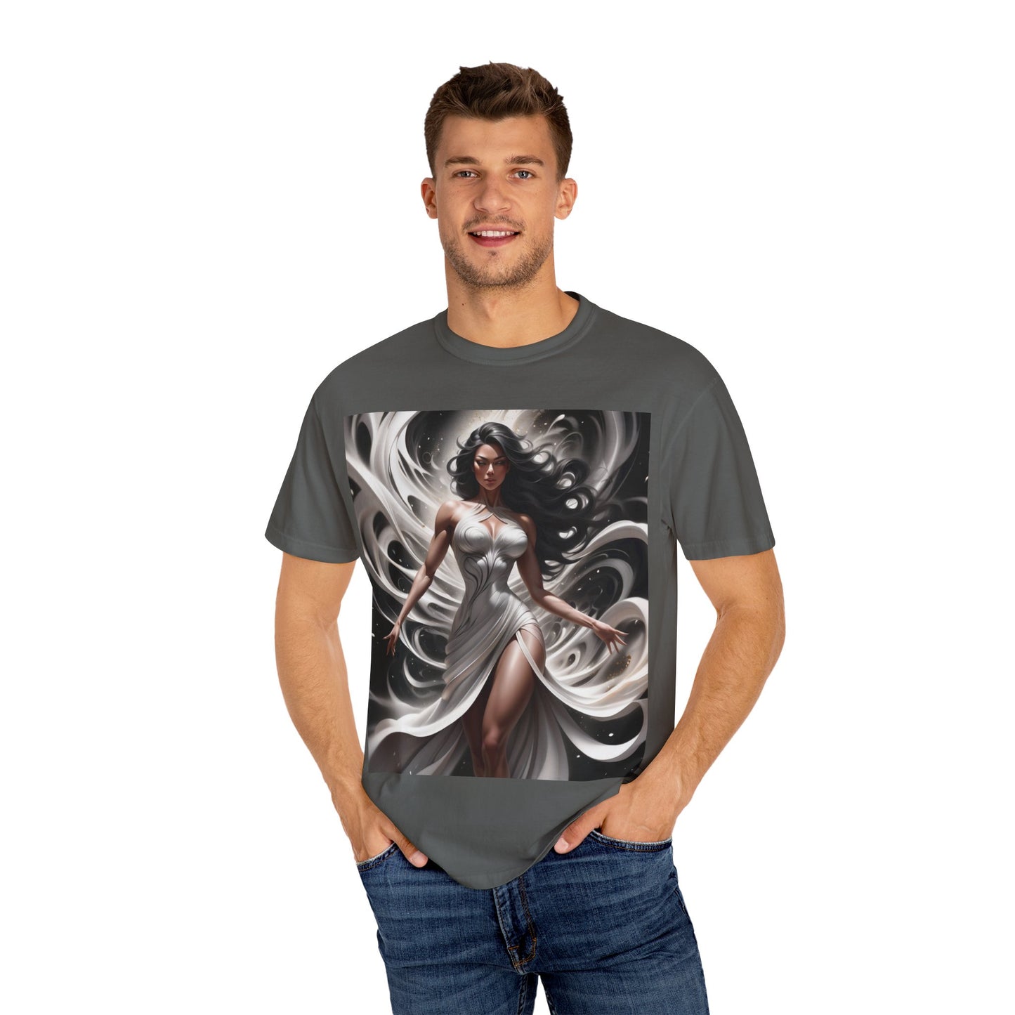 Goddess Art T-Shirt — Elegant White-Draped Fantasy Woman Print