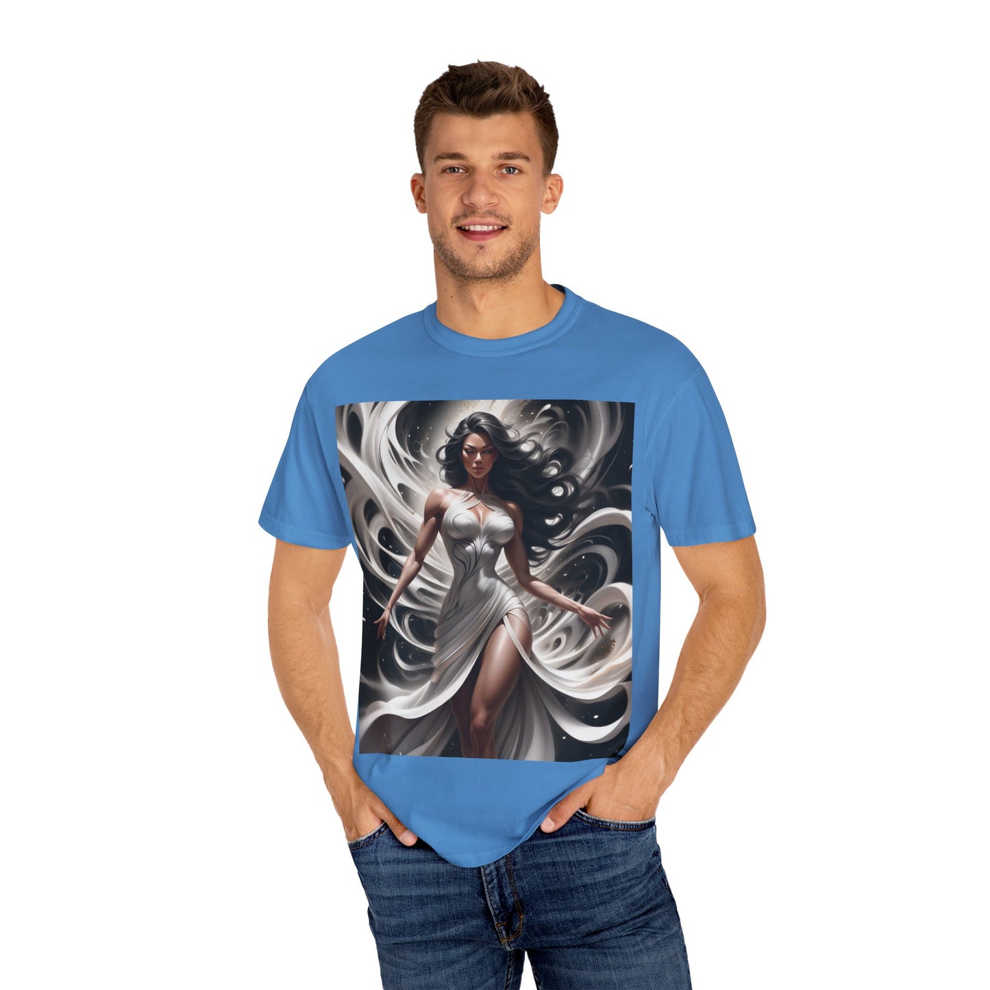 Goddess Art T-Shirt — Elegant White-Draped Fantasy Woman Print