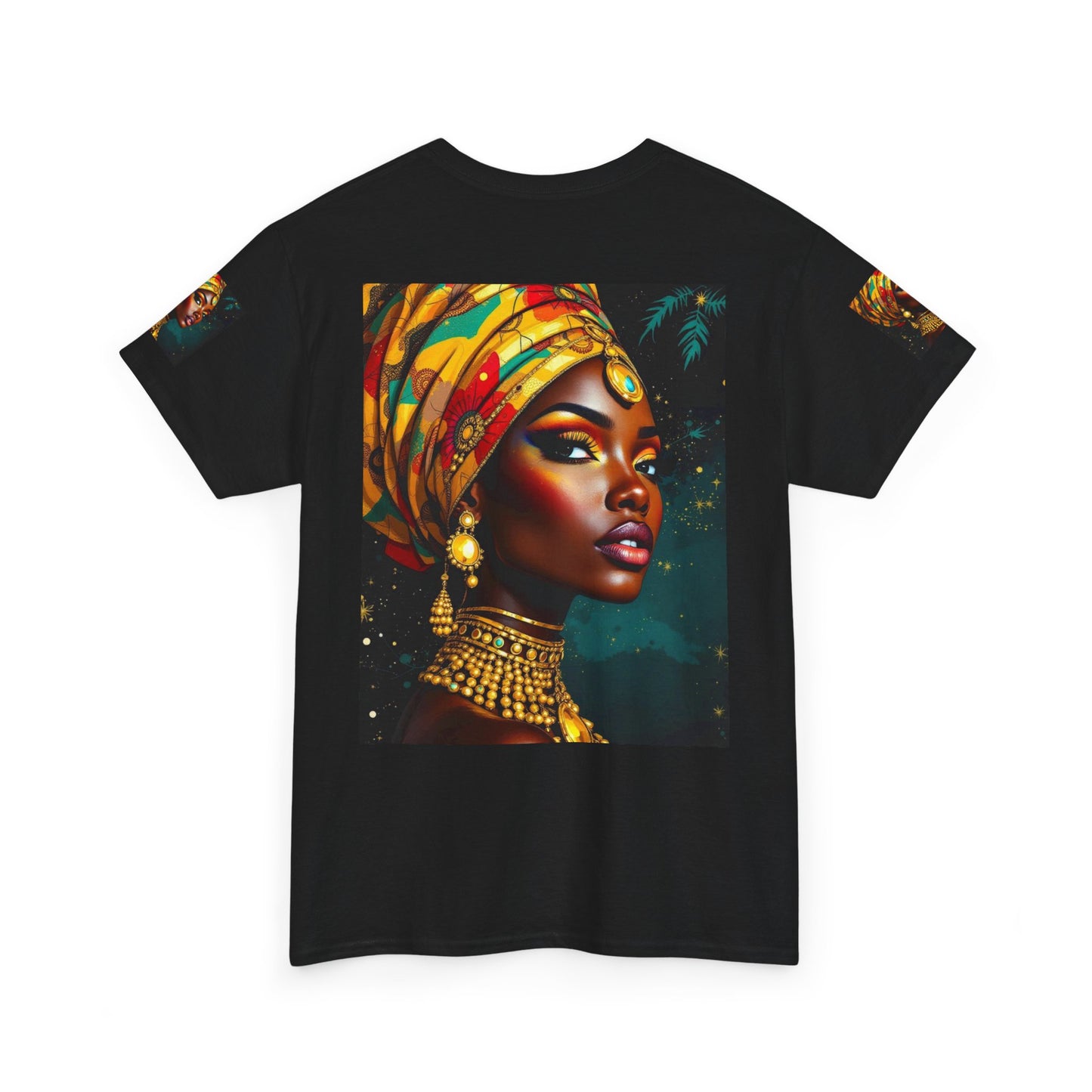 African Queen Portrait T-Shirt — Bold Headwrap & Gold Jewelry Graphic Tee