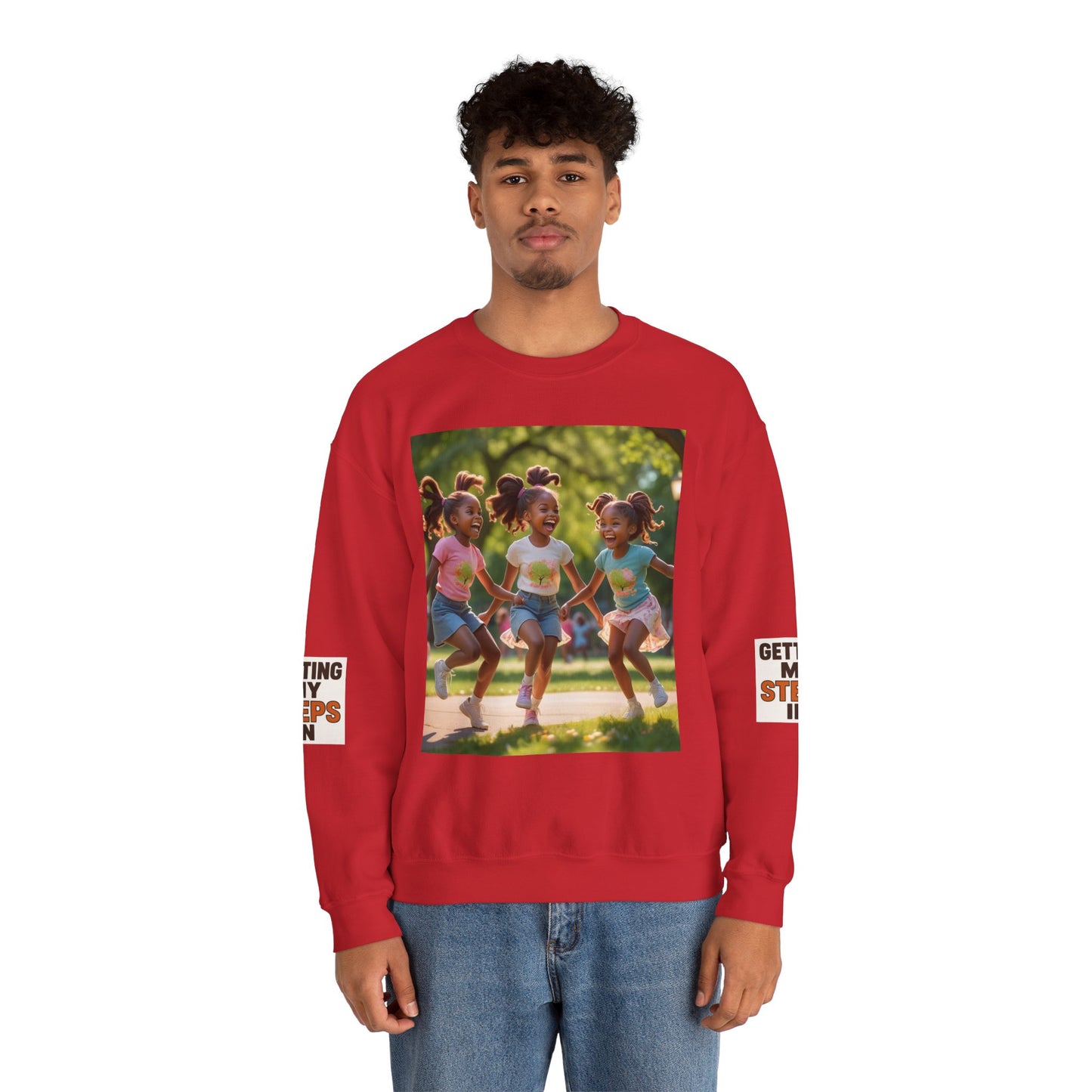 Crewneck Sweatshirt — "Getting My Steps In" Graphic with Kids Playing