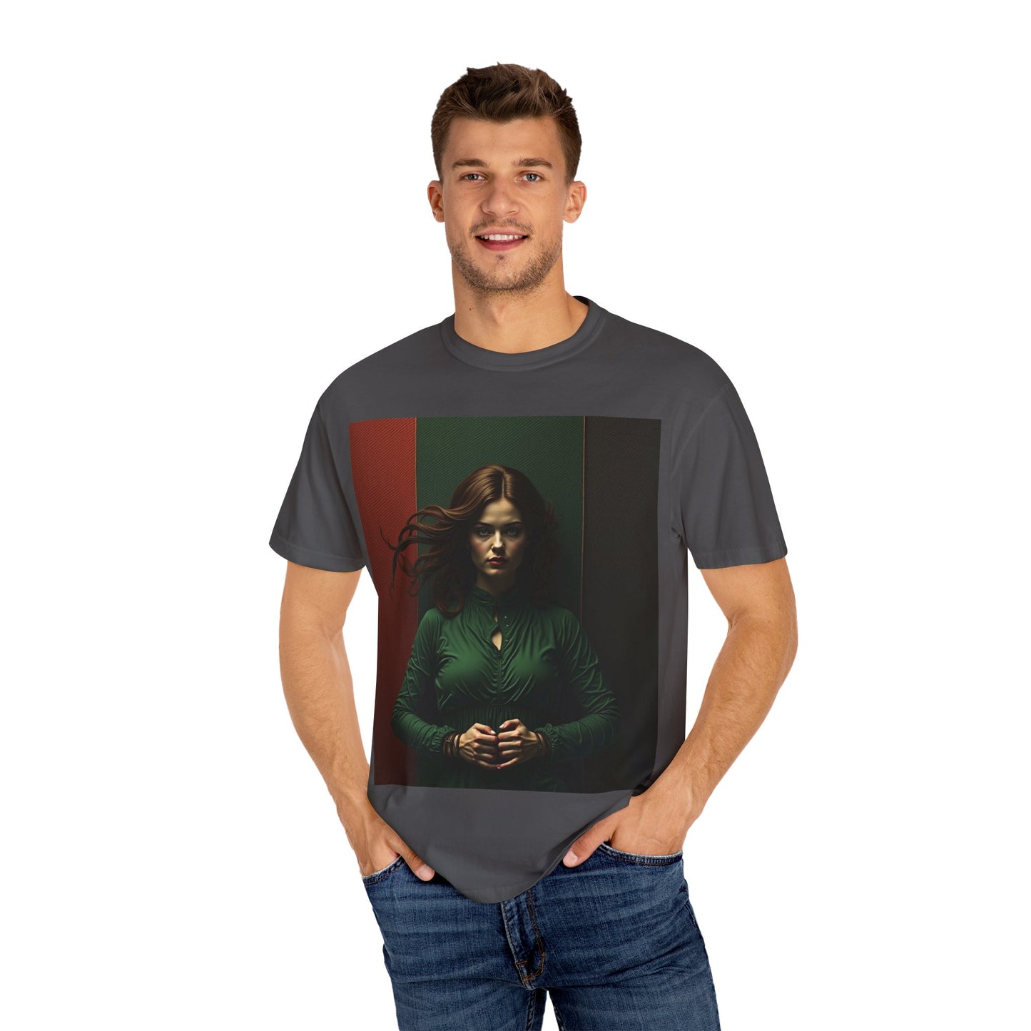 Portrait Photo Tee — Moody Green Woman Graphic T-Shirt