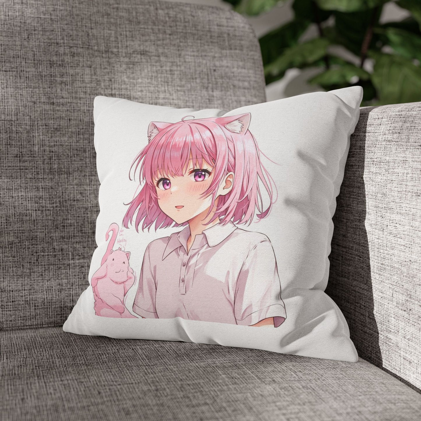 Anime Catgirl Pillowcase — Pink Neko Girl with Kitten Accent
