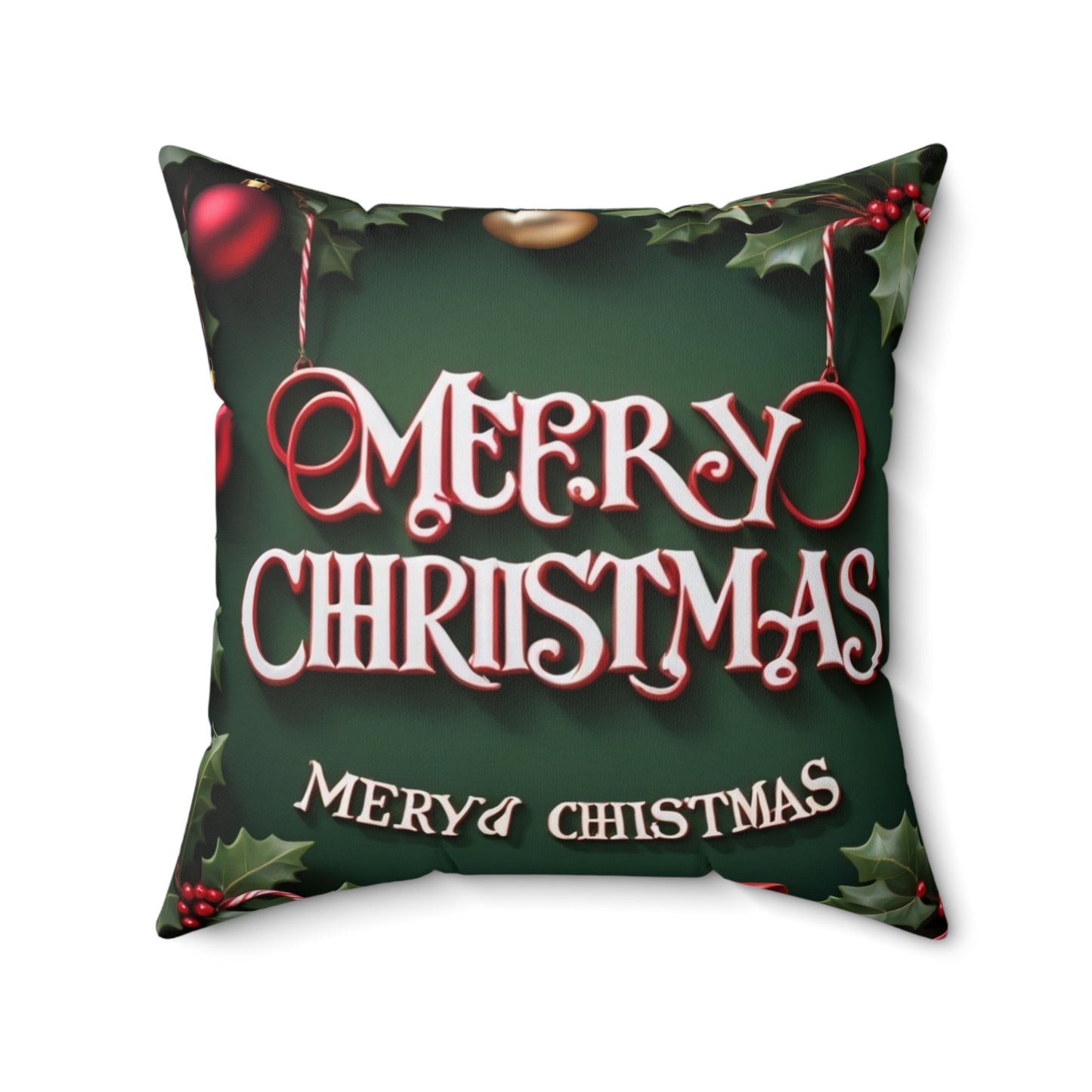 Merry Christmas Decorative Pillow — Festive Green Holiday Throw Pillow with Holly & Ornaments