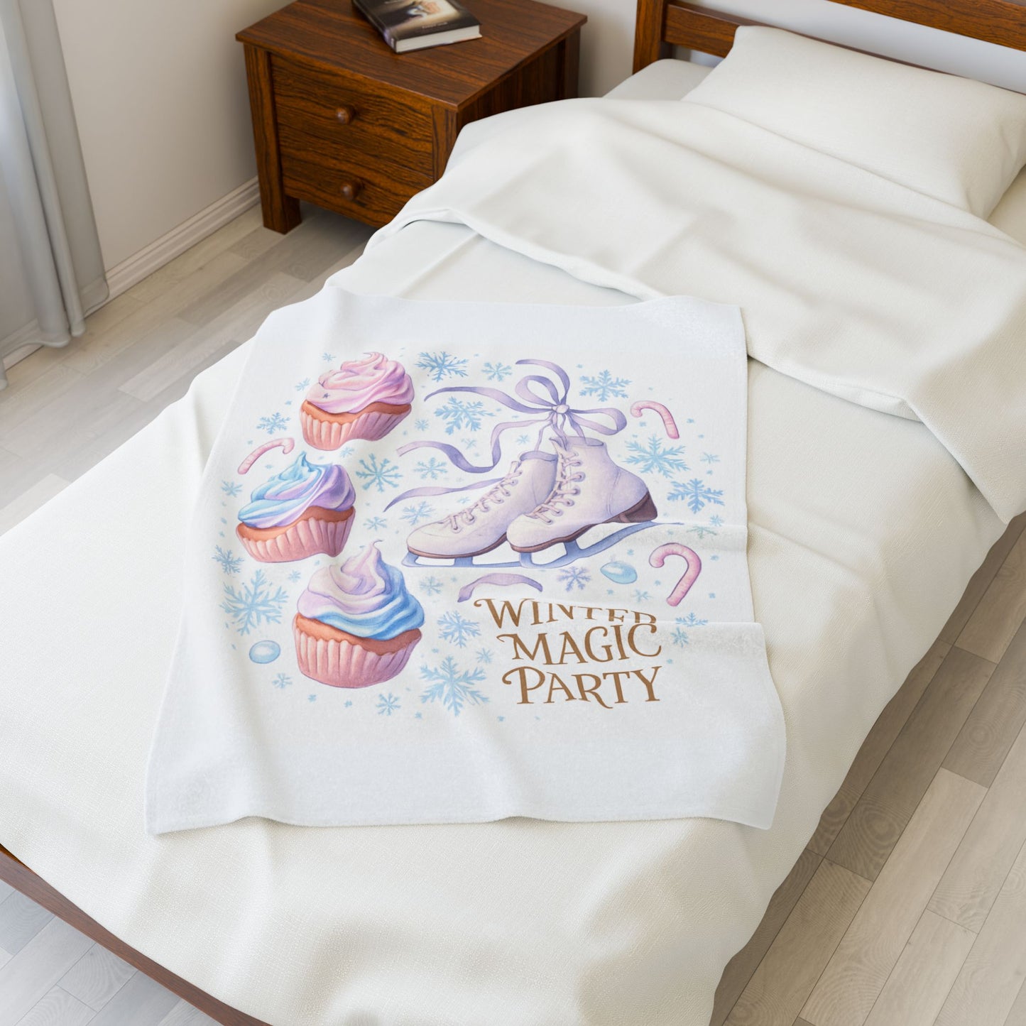 Winter Magic Party Velveteen Plush Blanket — Ice Skates & Cupcakes Cozy Throw