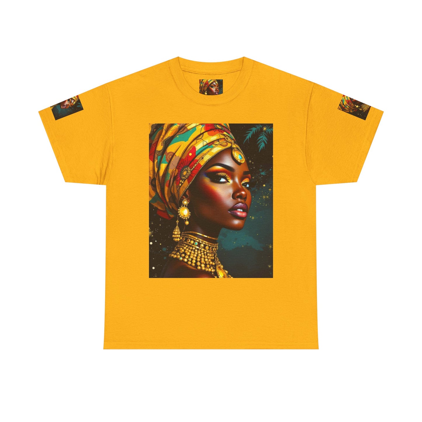 African Queen Portrait T-Shirt — Bold Headwrap & Gold Jewelry Graphic Tee