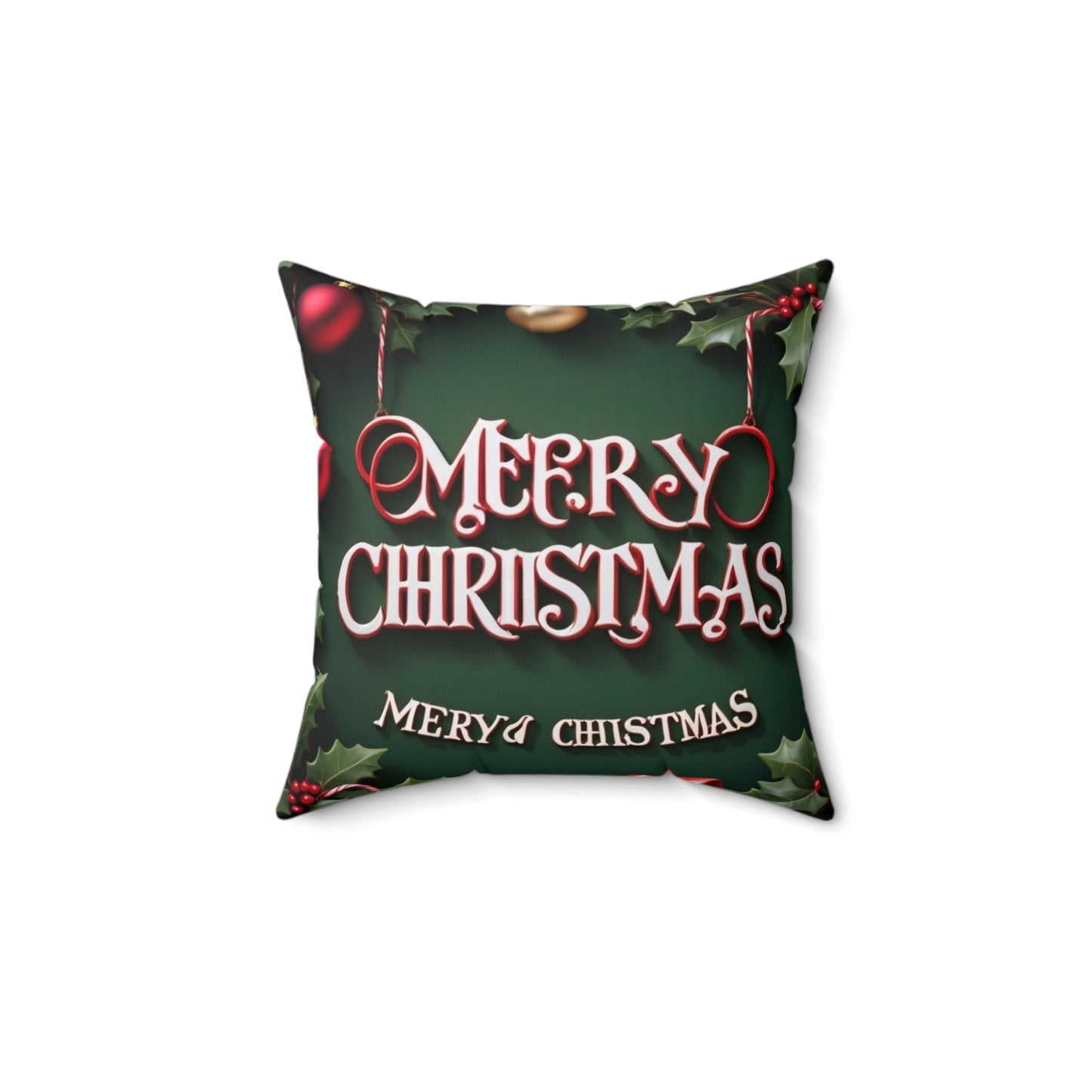 Merry Christmas Decorative Pillow — Festive Green Holiday Throw Pillow with Holly & Ornaments