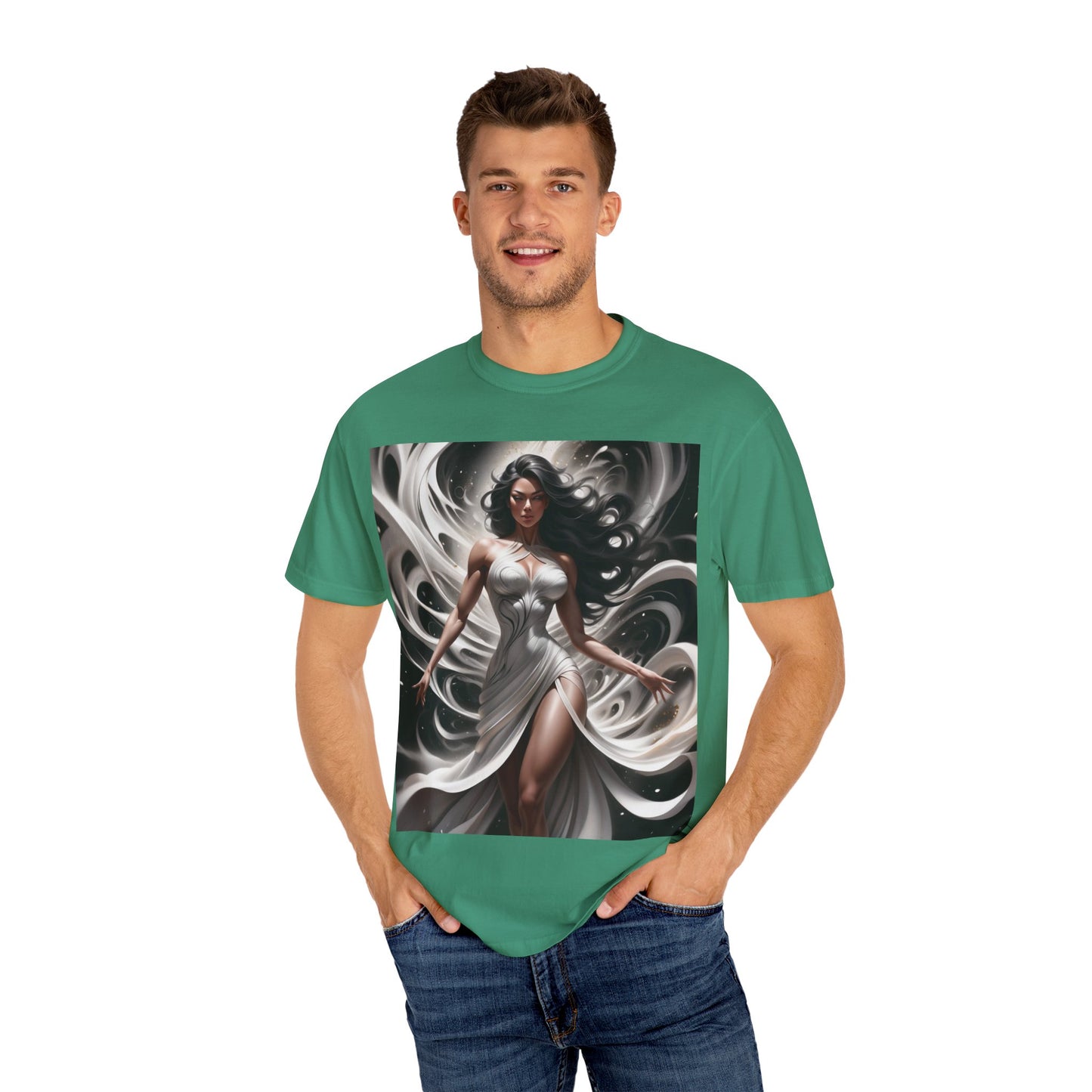 Goddess Art T-Shirt — Elegant White-Draped Fantasy Woman Print