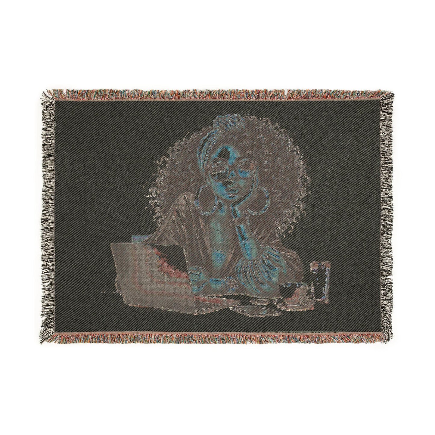 Woven Cotton Throw Blanket: Afro Woman Art, Colorful Fringe Edges