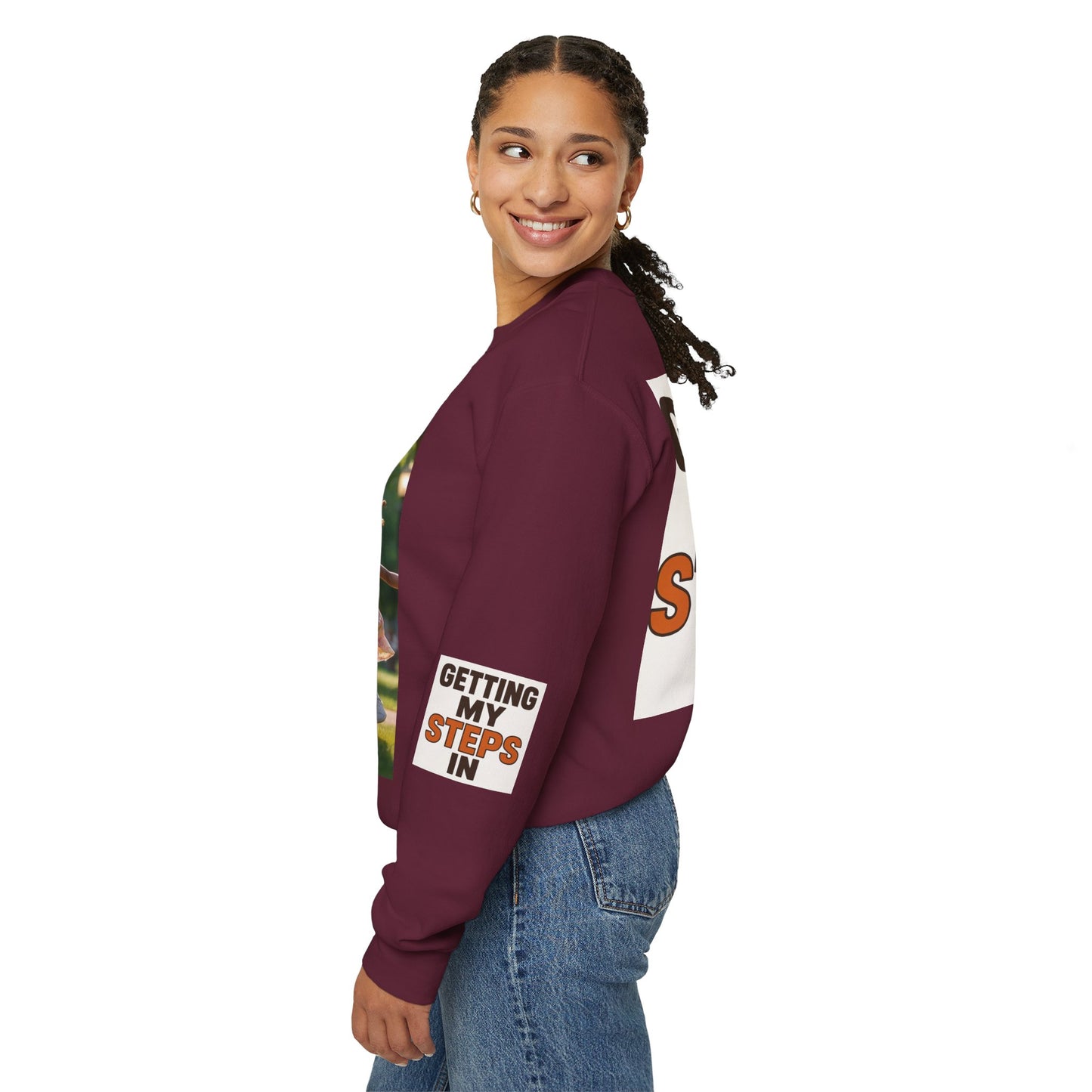 Crewneck Sweatshirt — "Getting My Steps In" Graphic with Kids Playing