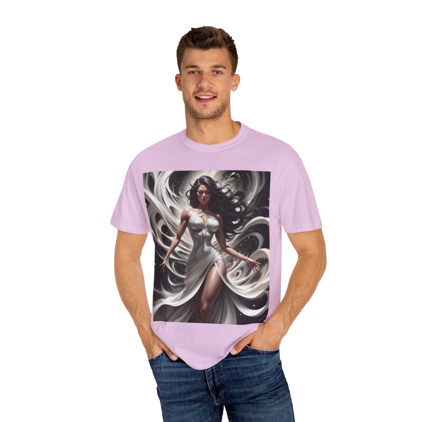 Goddess Art T-Shirt — Elegant White-Draped Fantasy Woman Print