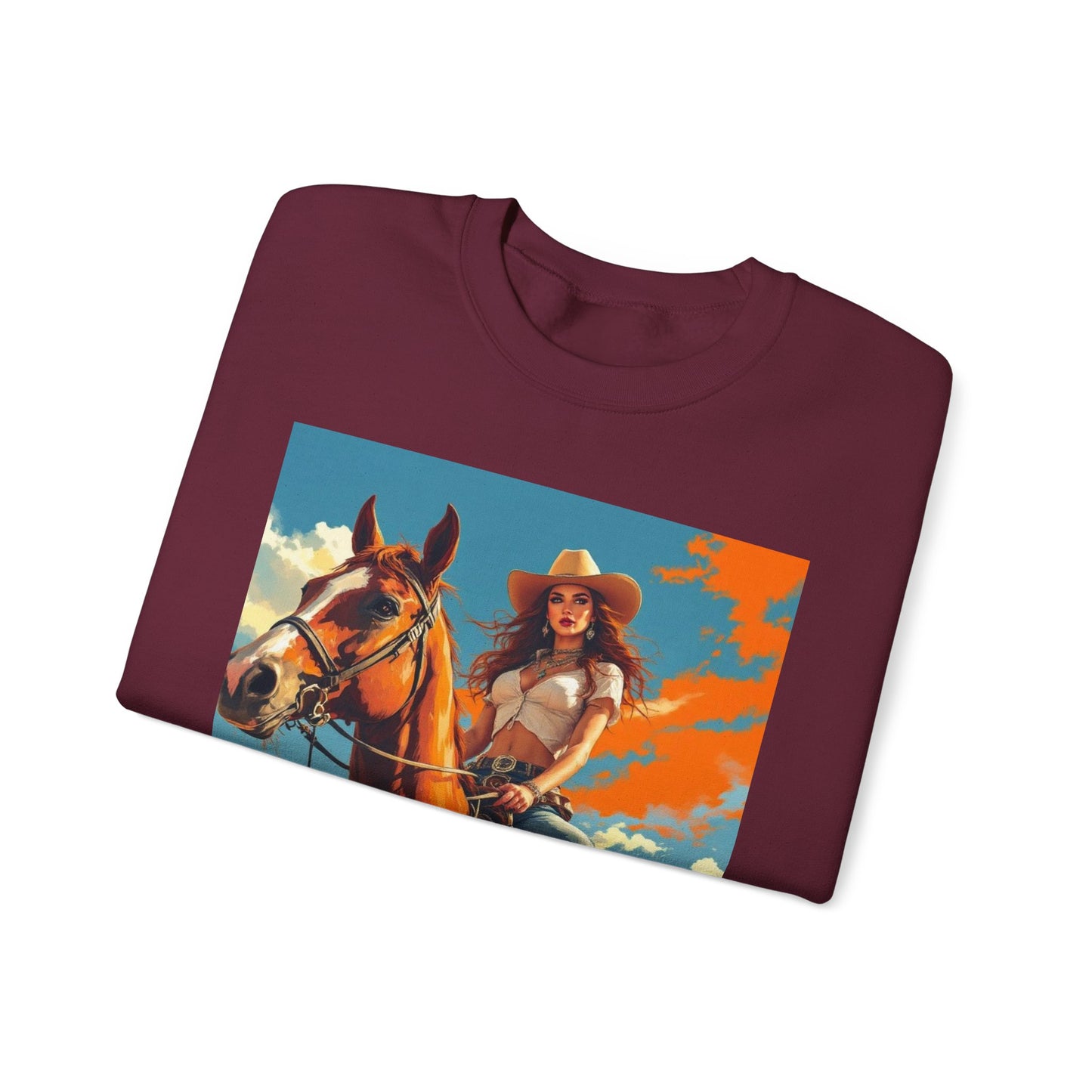 Cowgirl Riding Horse Sweatshirt — Western Sunset Graphic Crewneck