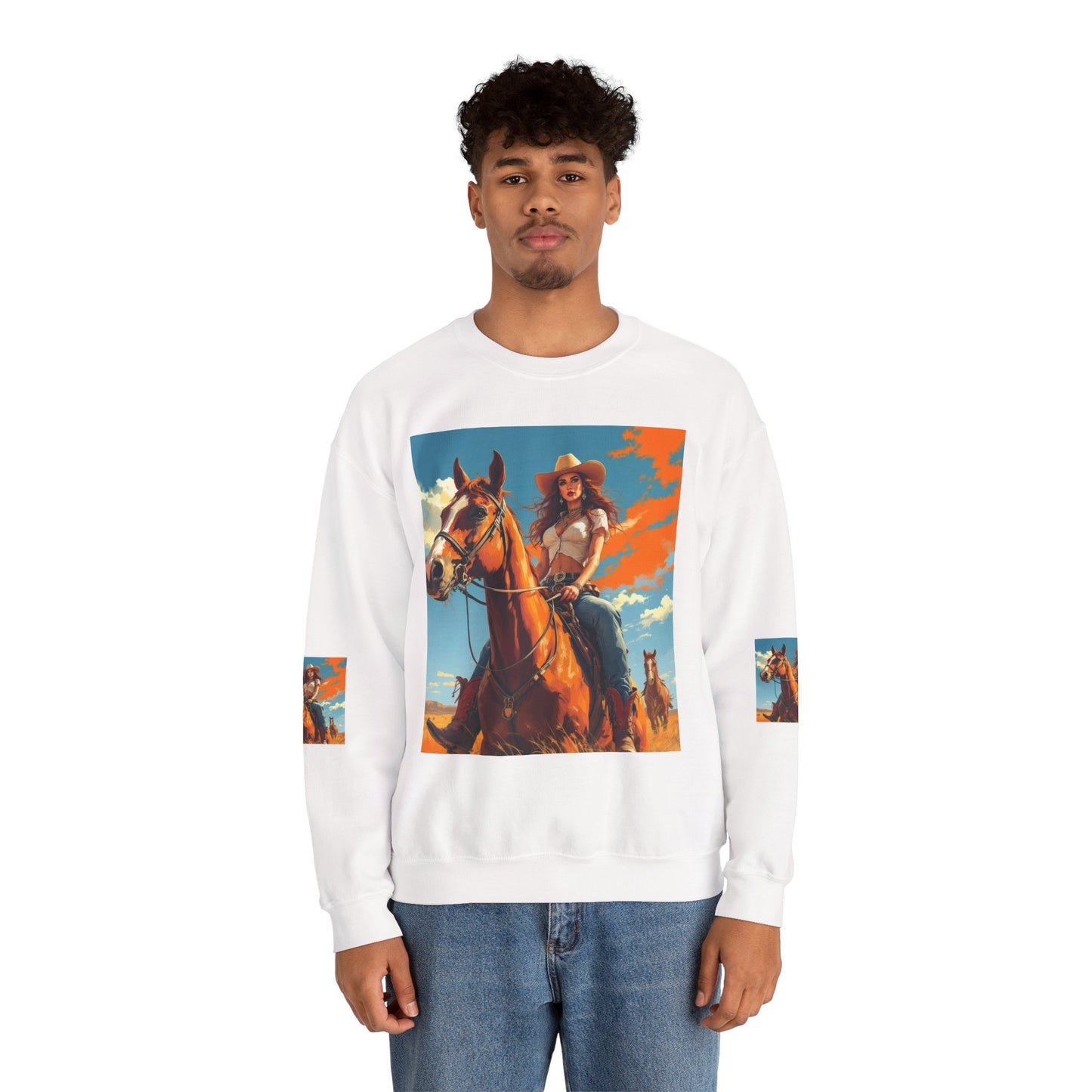Cowgirl Riding Horse Sweatshirt — Western Sunset Graphic Crewneck