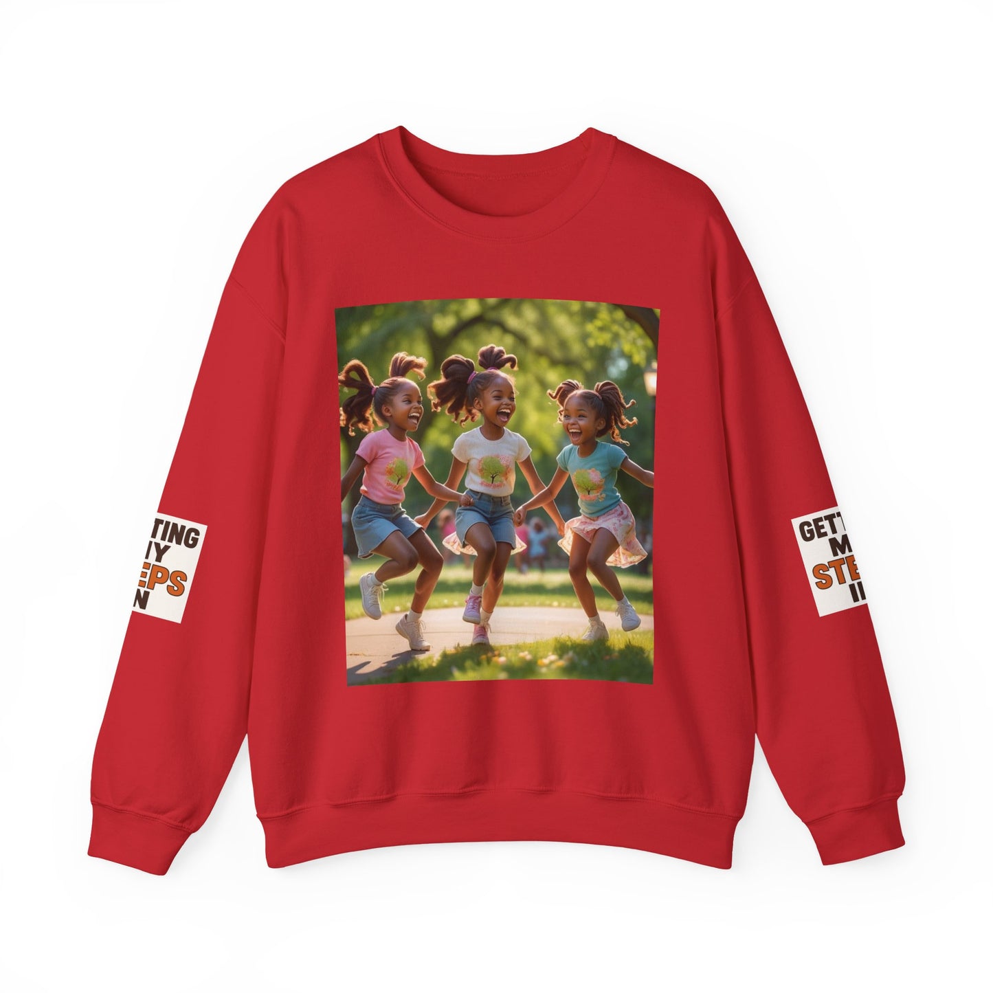 Crewneck Sweatshirt — "Getting My Steps In" Graphic with Kids Playing