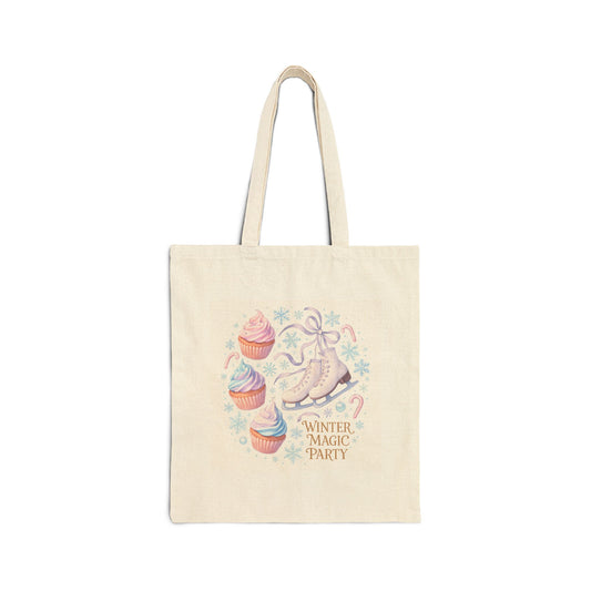 Winter Magic Party Tote Bag — Pastel Ice Skate & Cupcakes Cotton Canvas Tote