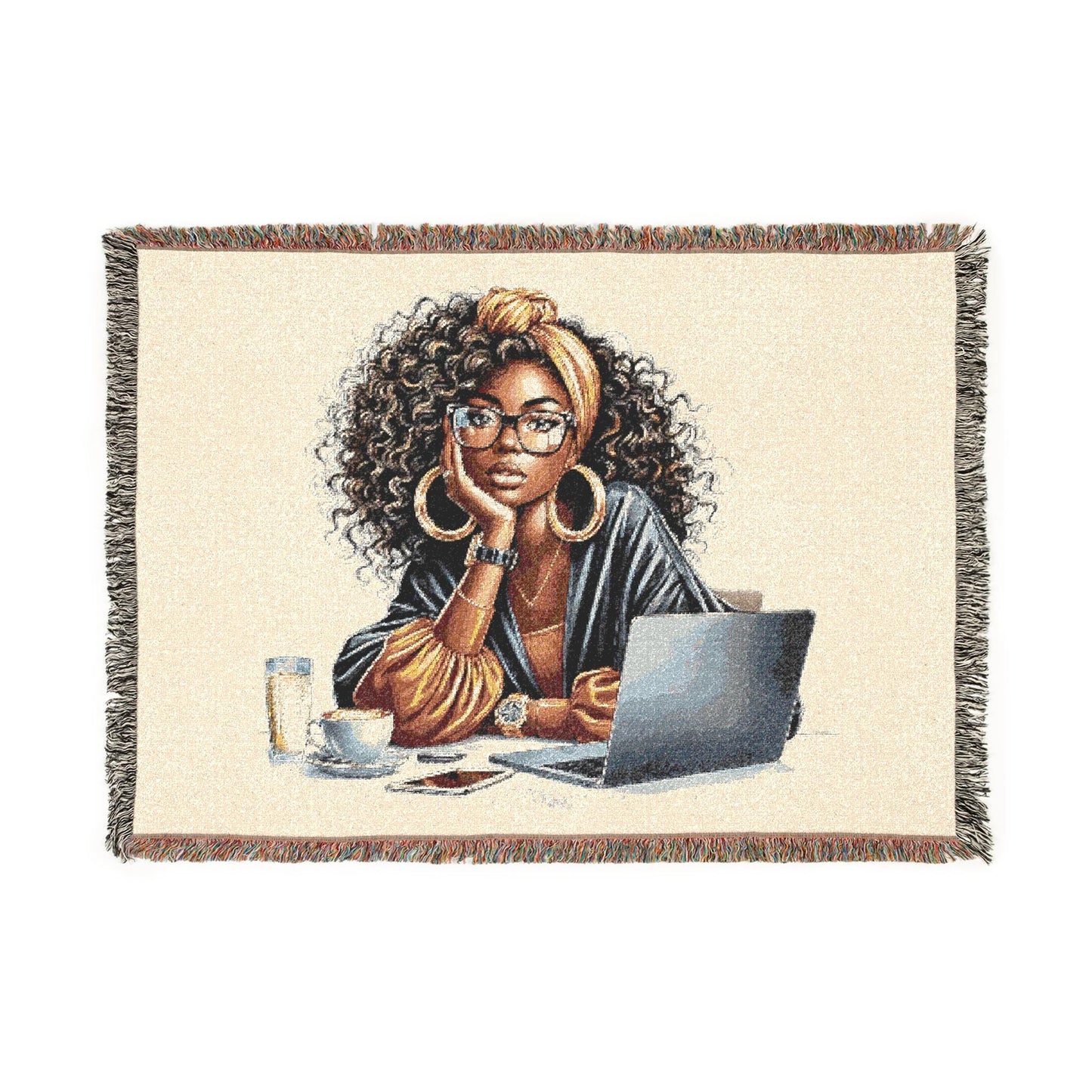 Woven Cotton Throw Blanket: Afro Woman Art, Colorful Fringe Edges