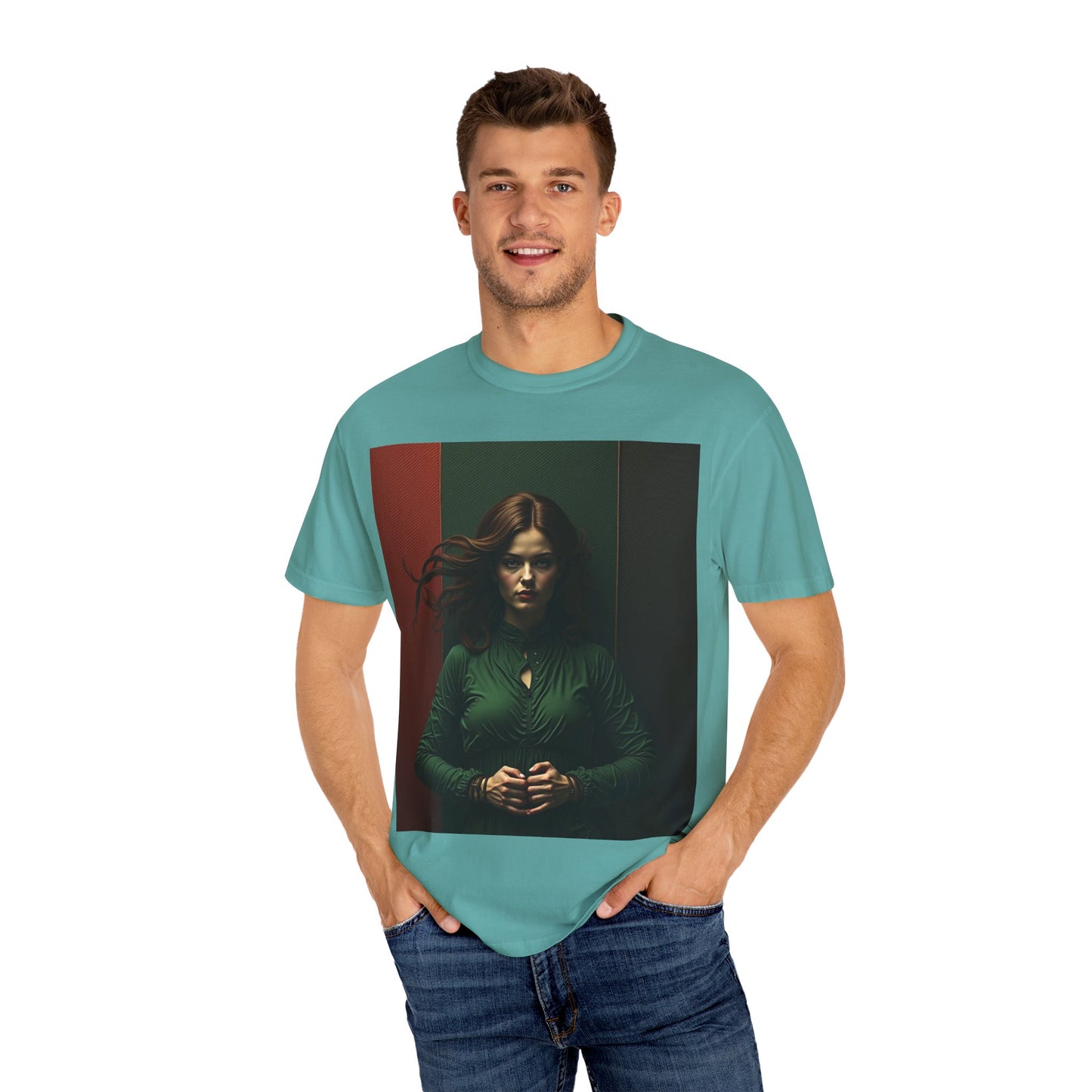 Portrait Photo Tee — Moody Green Woman Graphic T-Shirt