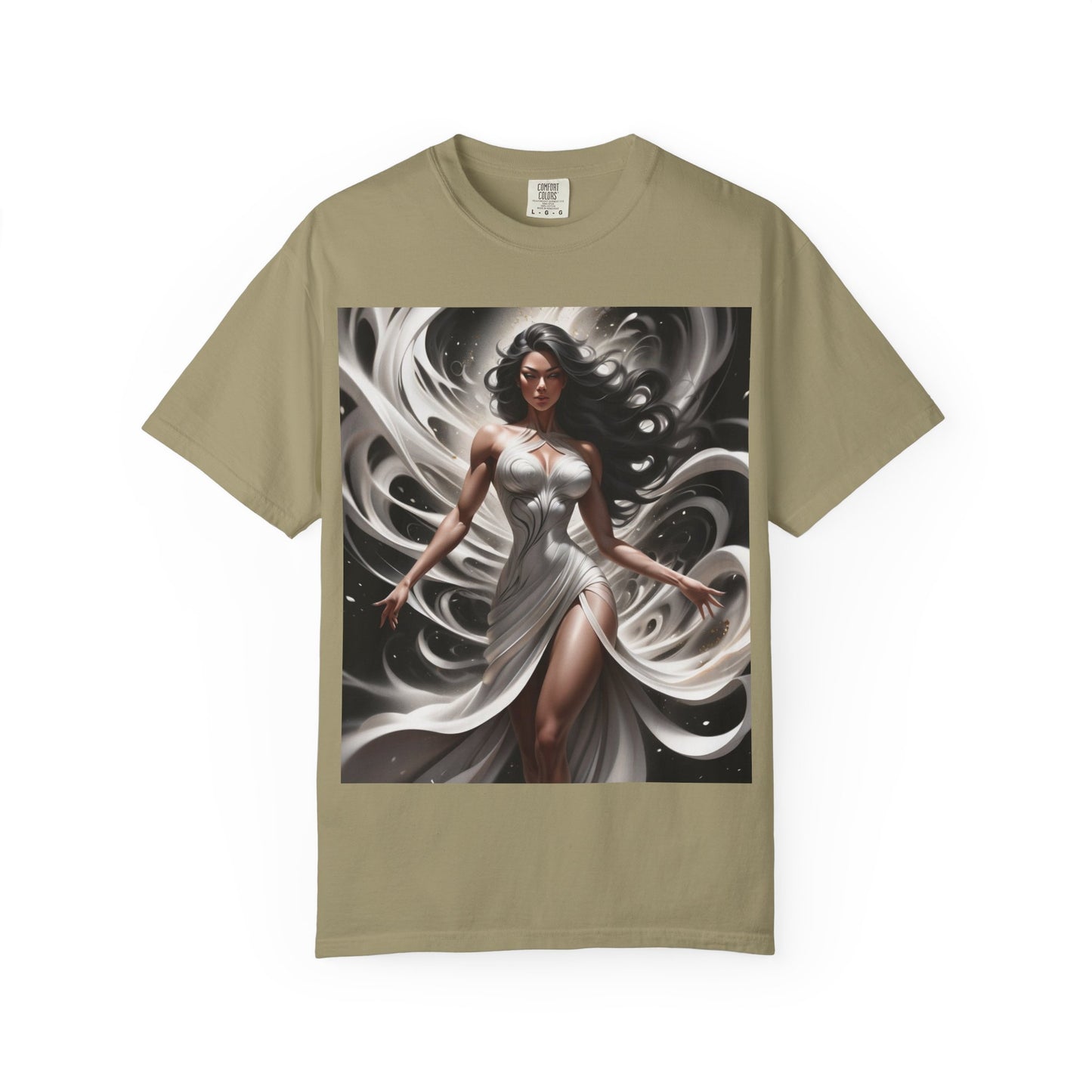 Goddess Art T-Shirt — Elegant White-Draped Fantasy Woman Print