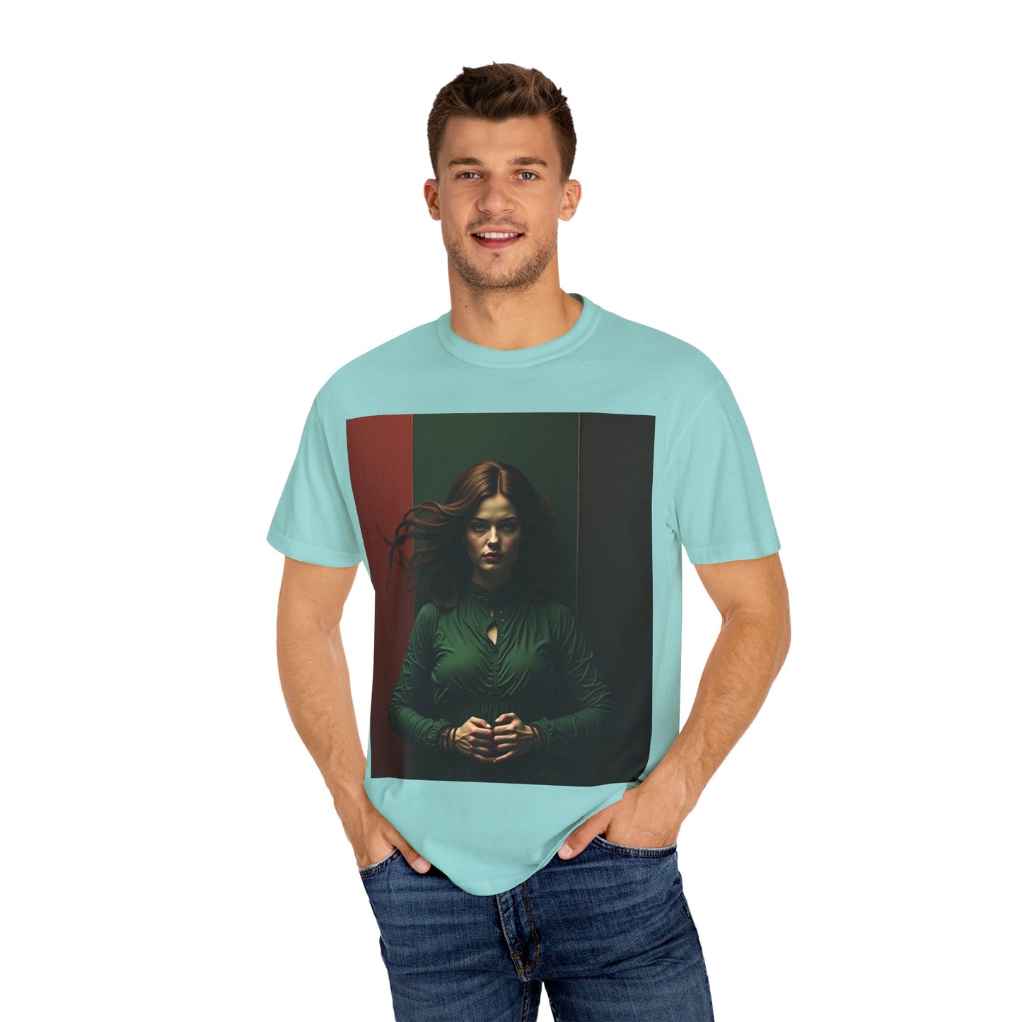 Portrait Photo Tee — Moody Green Woman Graphic T-Shirt