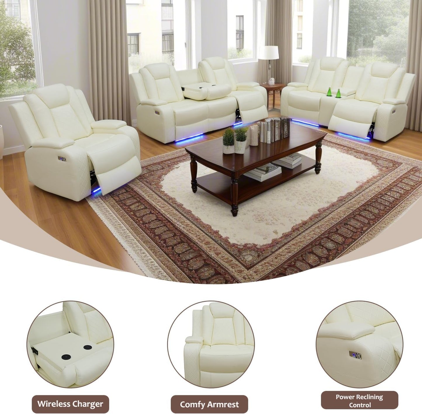 Power Reclining Sofa Set White Living Room Furniture