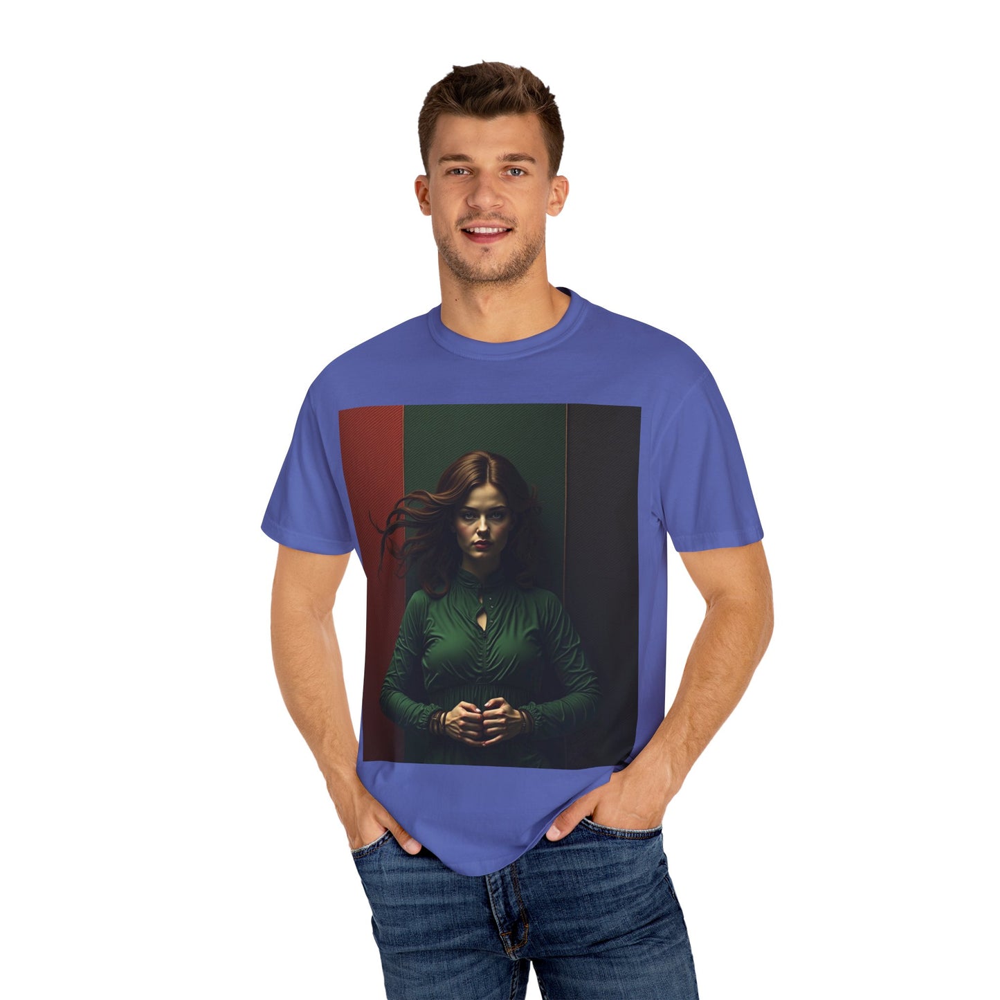 Portrait Photo Tee — Moody Green Woman Graphic T-Shirt