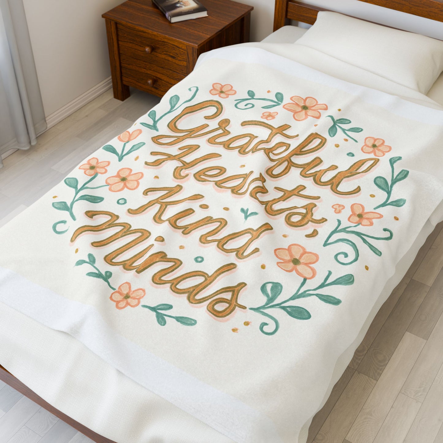Grateful Hearts Kind Minds Velveteen Plush Blanket — Floral Inspirational Throw