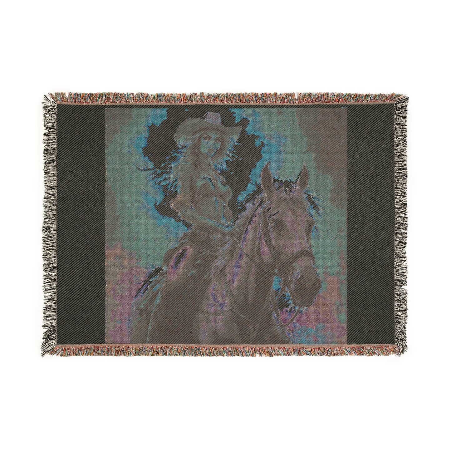 Cowgirl on Horse Woven Blanket — Western Cowboy Throw Blanket