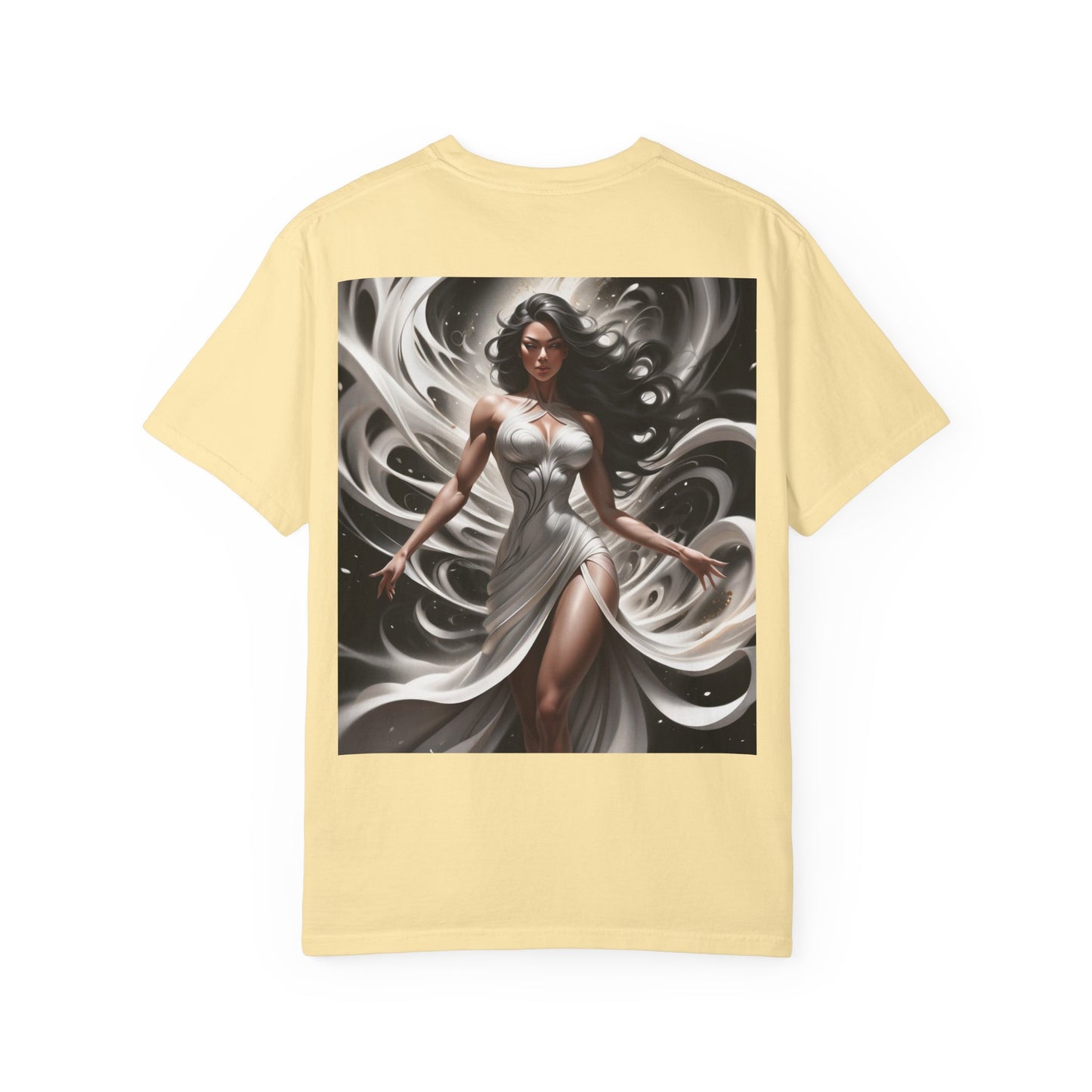 Goddess Art T-Shirt — Elegant White-Draped Fantasy Woman Print