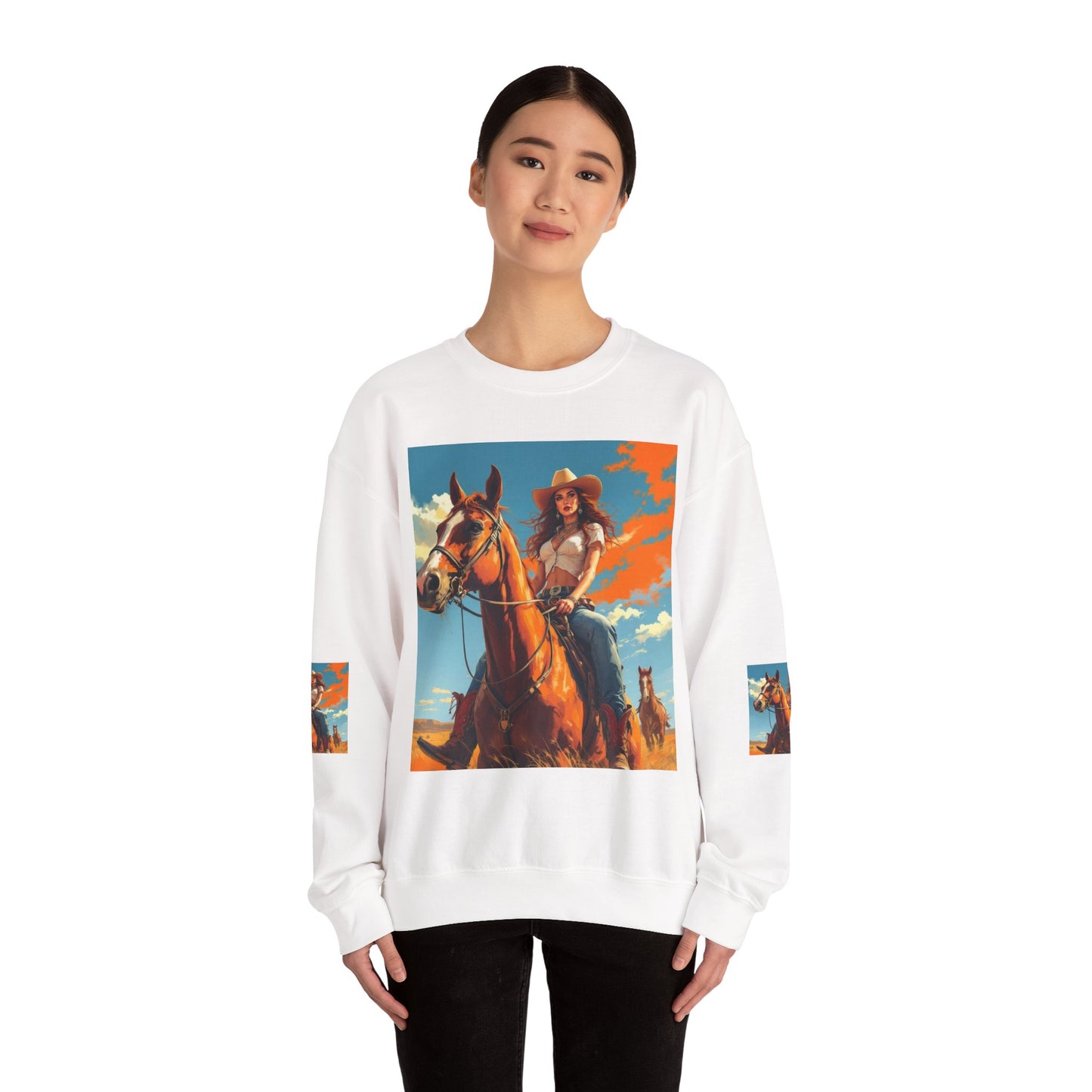Cowgirl Riding Horse Sweatshirt — Western Sunset Graphic Crewneck