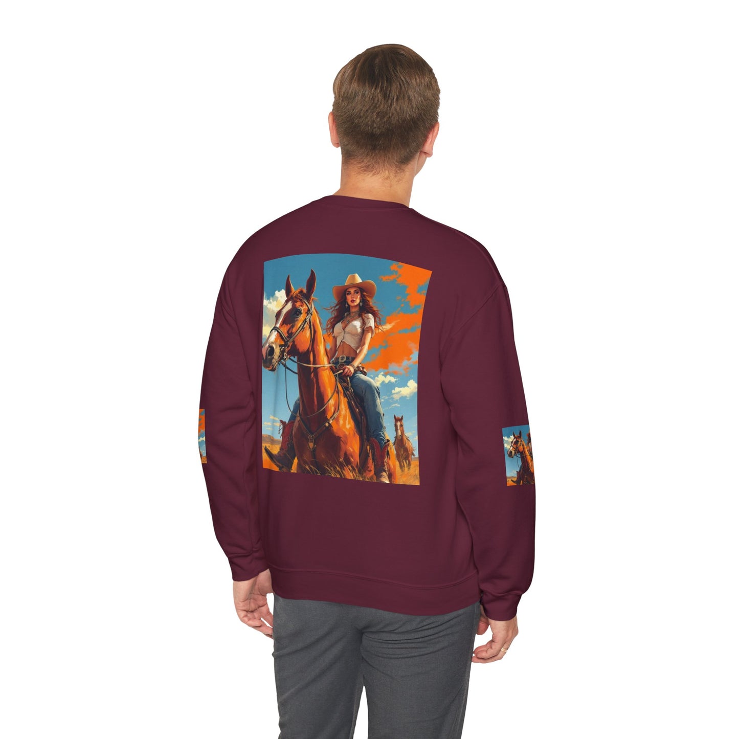 Cowgirl Riding Horse Sweatshirt — Western Sunset Graphic Crewneck