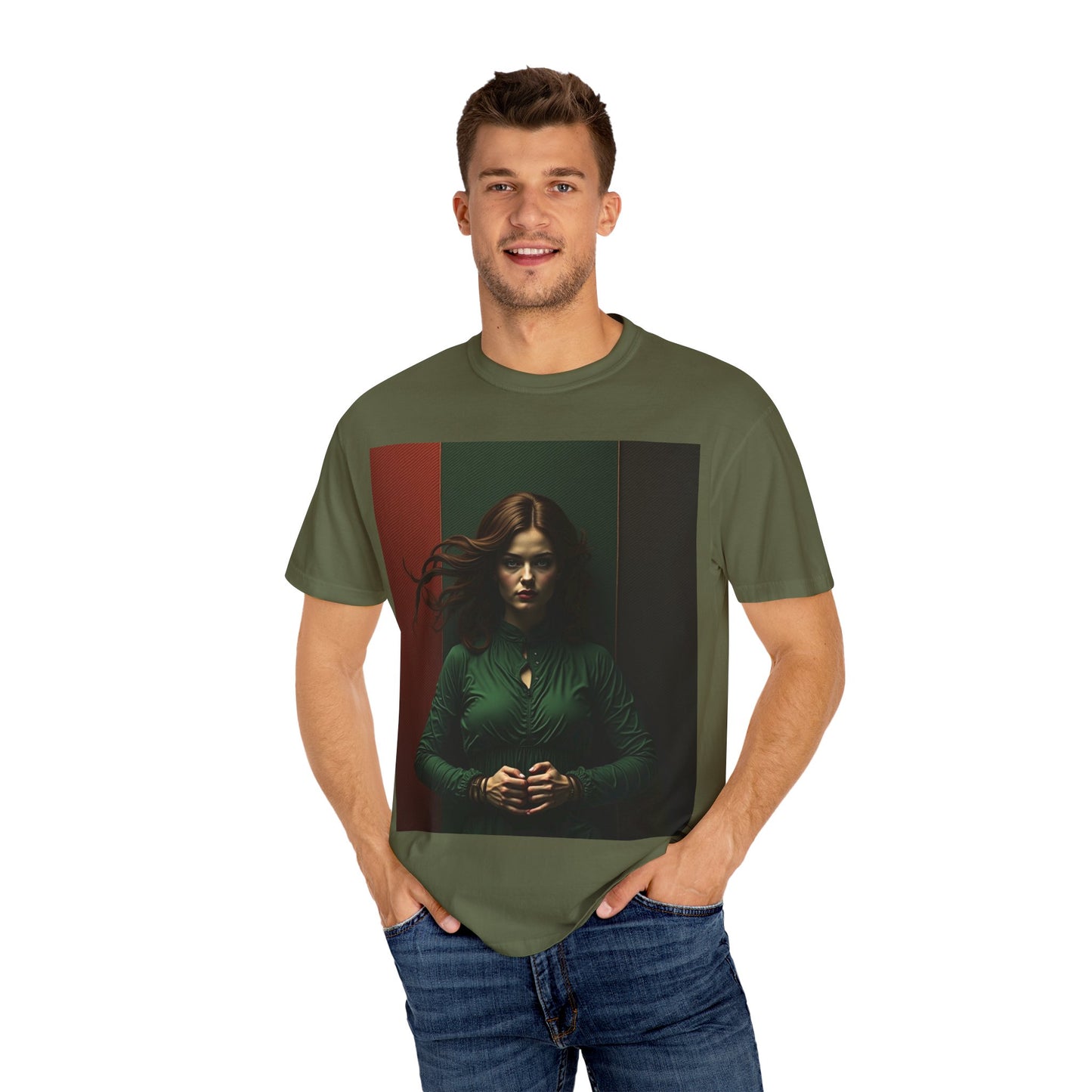 Portrait Photo Tee — Moody Green Woman Graphic T-Shirt