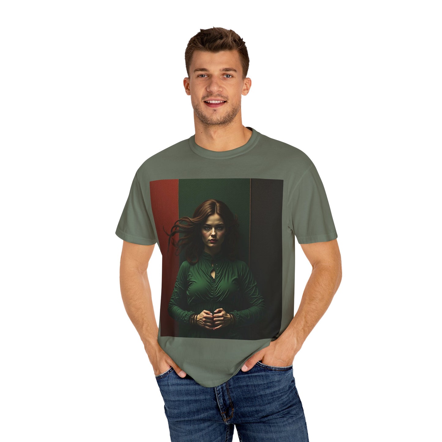 Portrait Photo Tee — Moody Green Woman Graphic T-Shirt