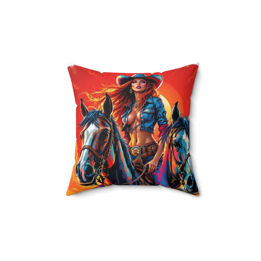 Cowgirl & Horses Graphic Pillow — Vibrant Western Art Throw Pillow