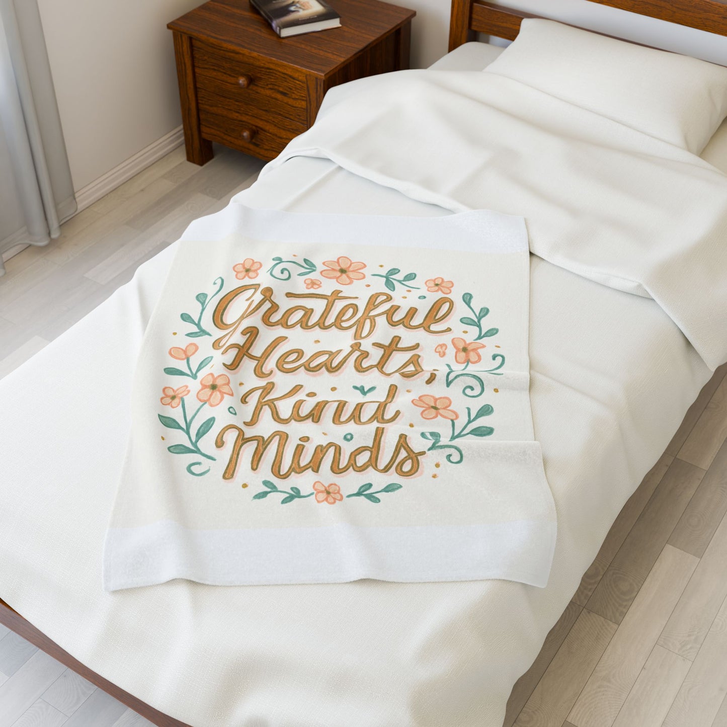 Grateful Hearts Kind Minds Velveteen Plush Blanket — Floral Inspirational Throw