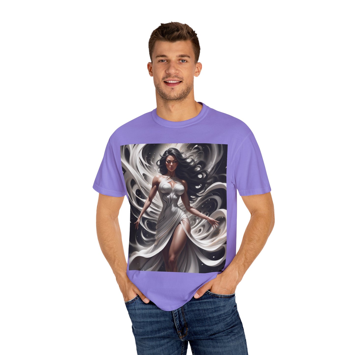 Goddess Art T-Shirt — Elegant White-Draped Fantasy Woman Print