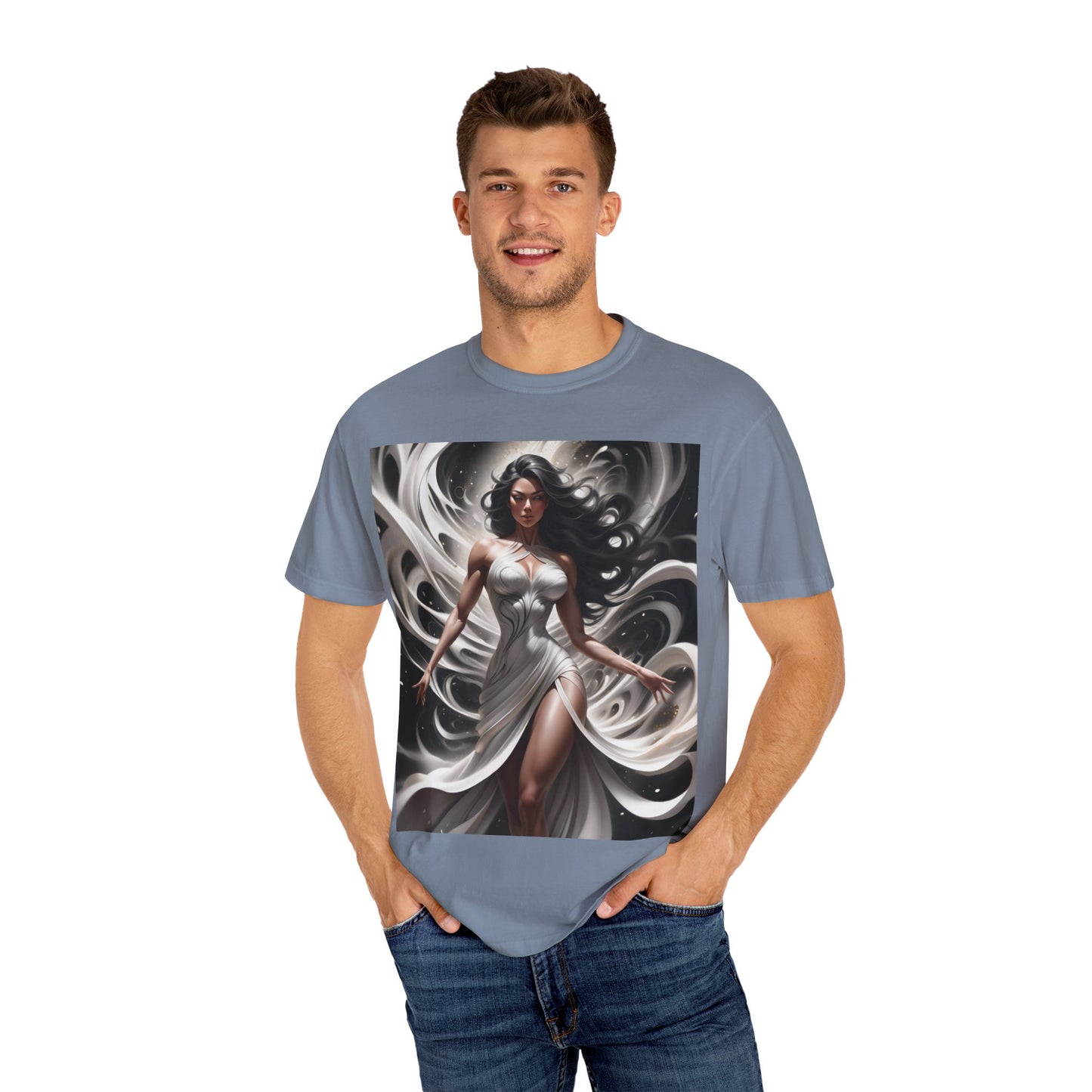 Goddess Art T-Shirt — Elegant White-Draped Fantasy Woman Print