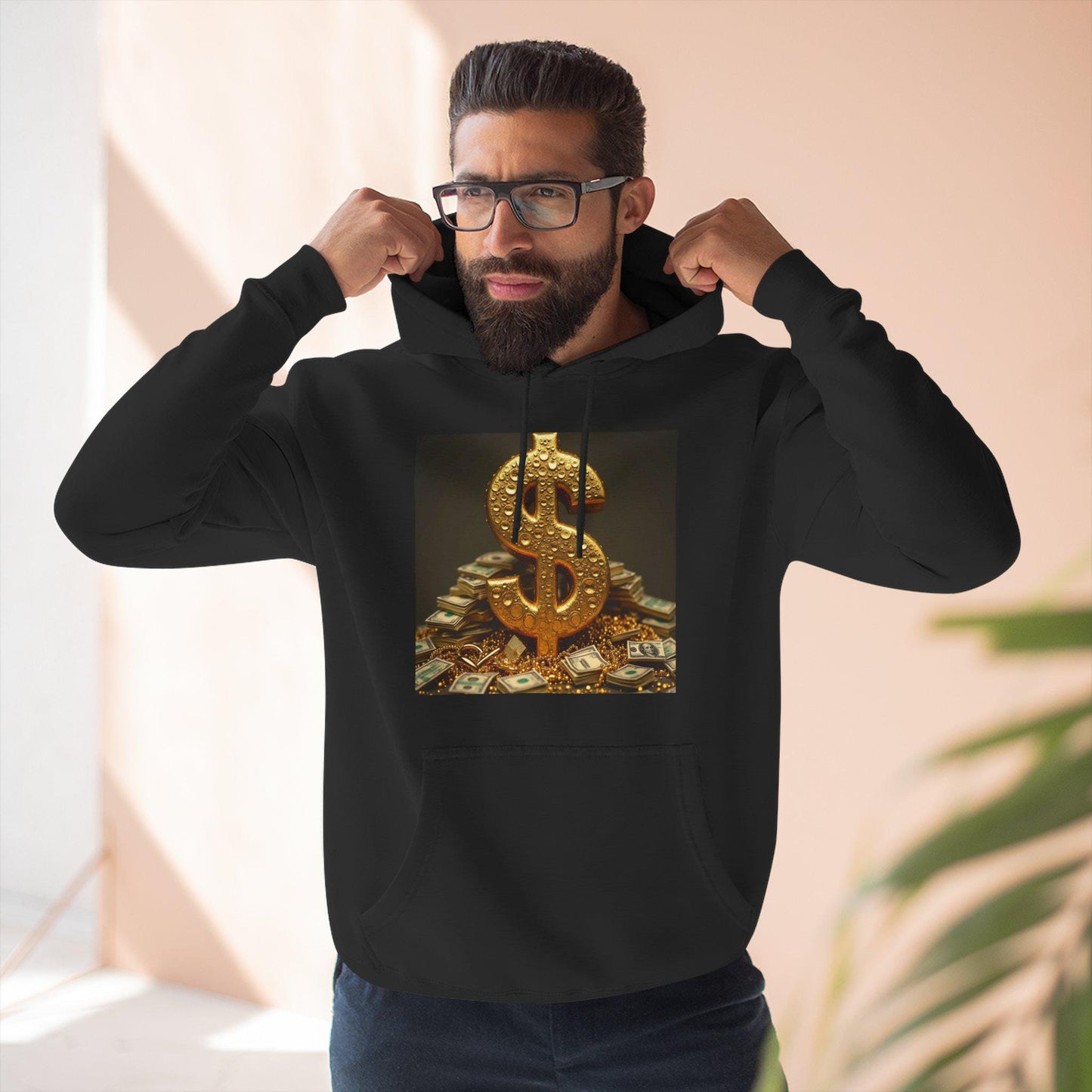 Gold Dollar Sign Hoodie, Cozy Hoodie, Fleece Pullover, Gift for Money Lovers, Stylish Casual Wear, Winter Wardrobe Essential