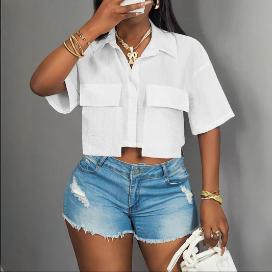 Women's Casual Fashion Pocket Short-sleeved Solid Color T-shirt