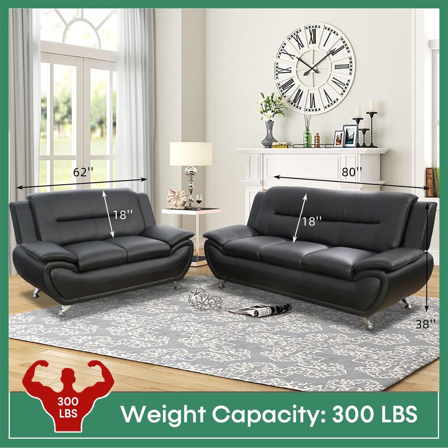 Leather Sofa Set 3 Piece Black Living Room Furniture-1