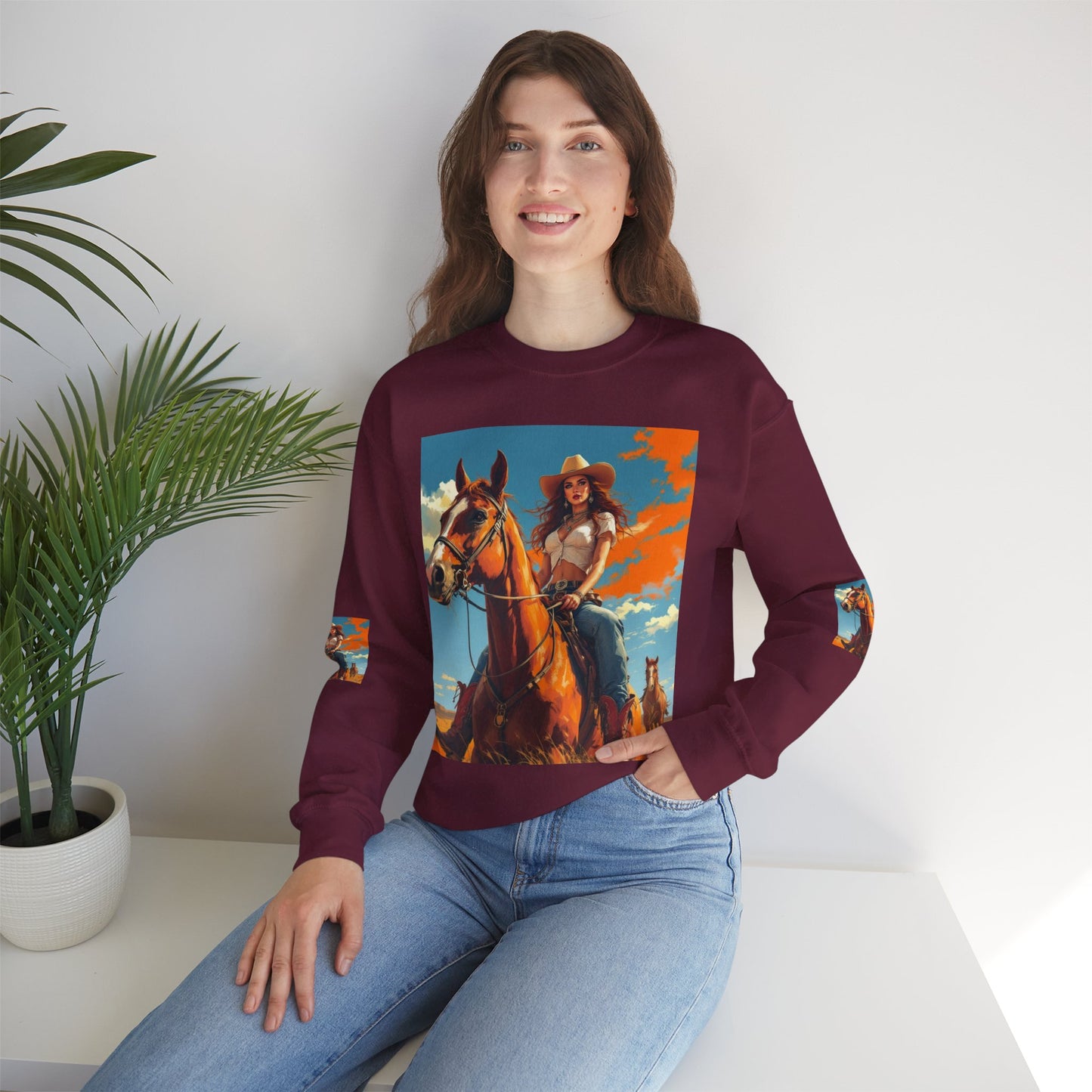 Cowgirl Riding Horse Sweatshirt — Western Sunset Graphic Crewneck