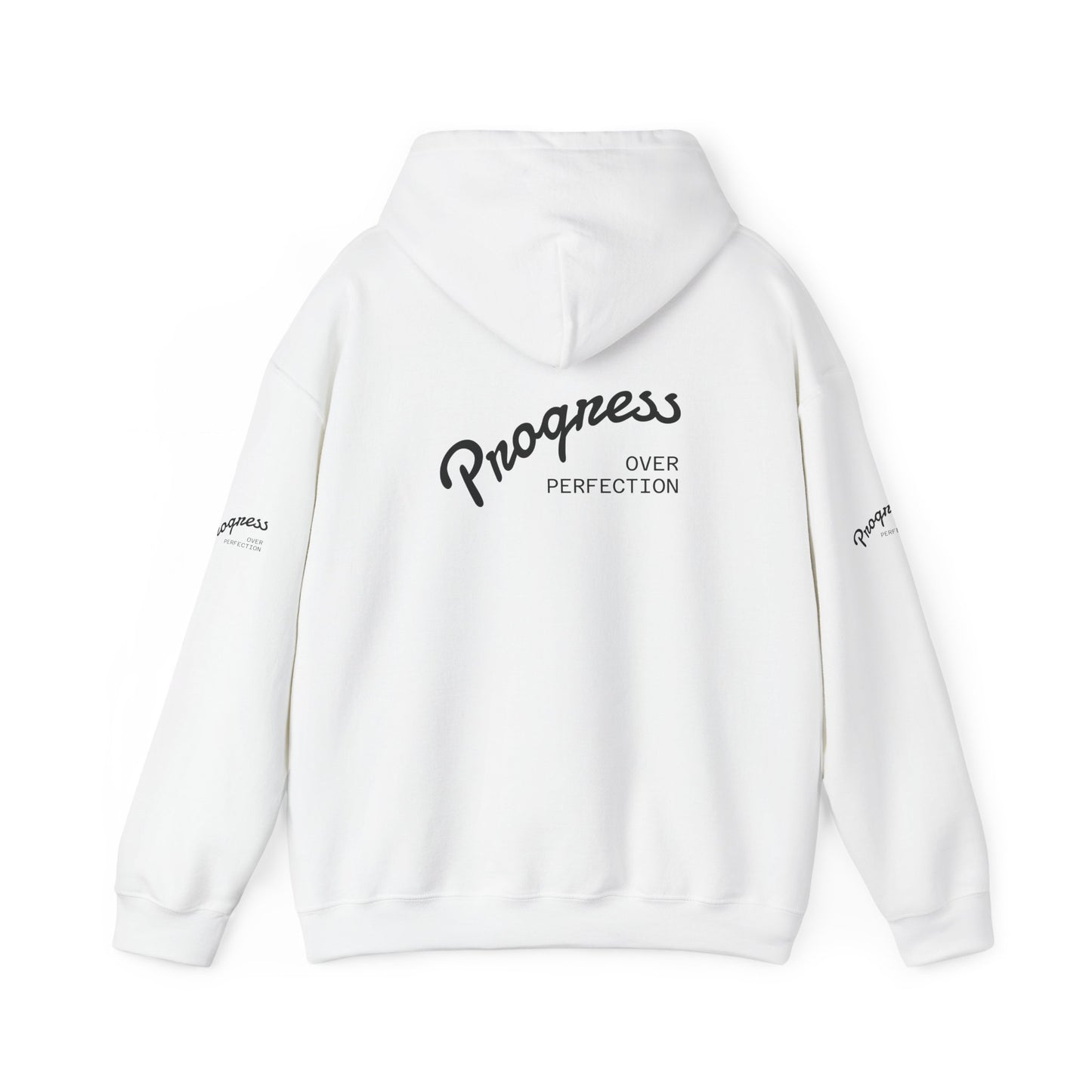 Progress Over Perfection Hoodie — Inspirational Minimalist White Pullover
