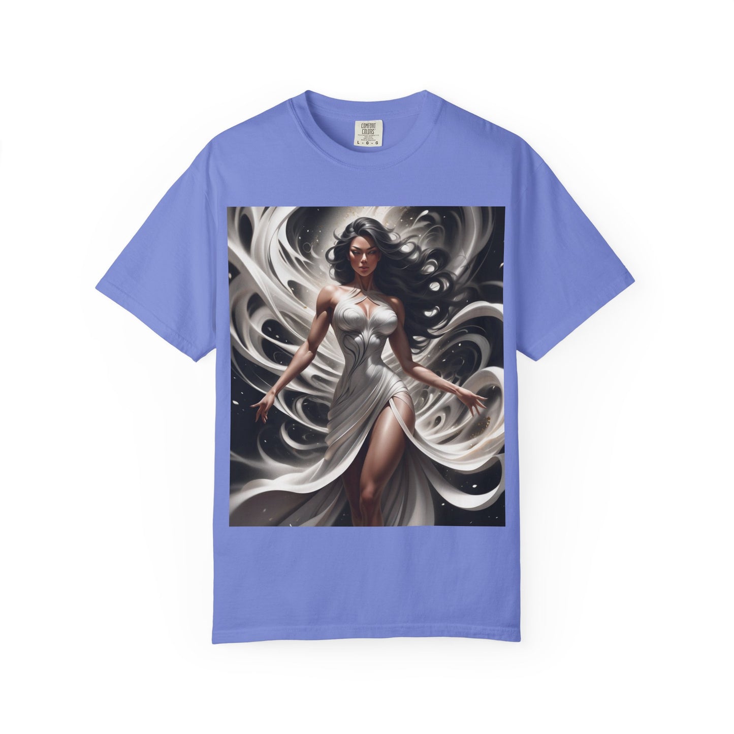 Goddess Art T-Shirt — Elegant White-Draped Fantasy Woman Print