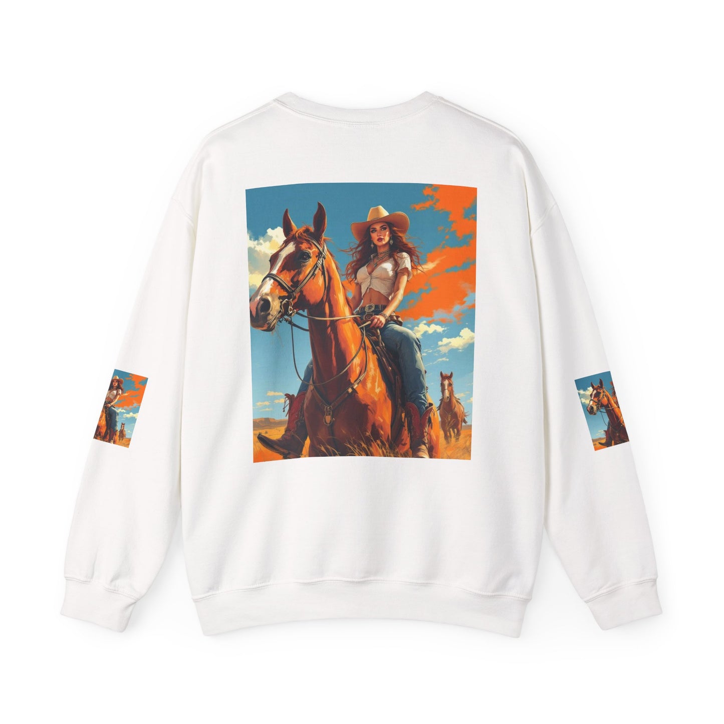 Cowgirl Riding Horse Sweatshirt — Western Sunset Graphic Crewneck