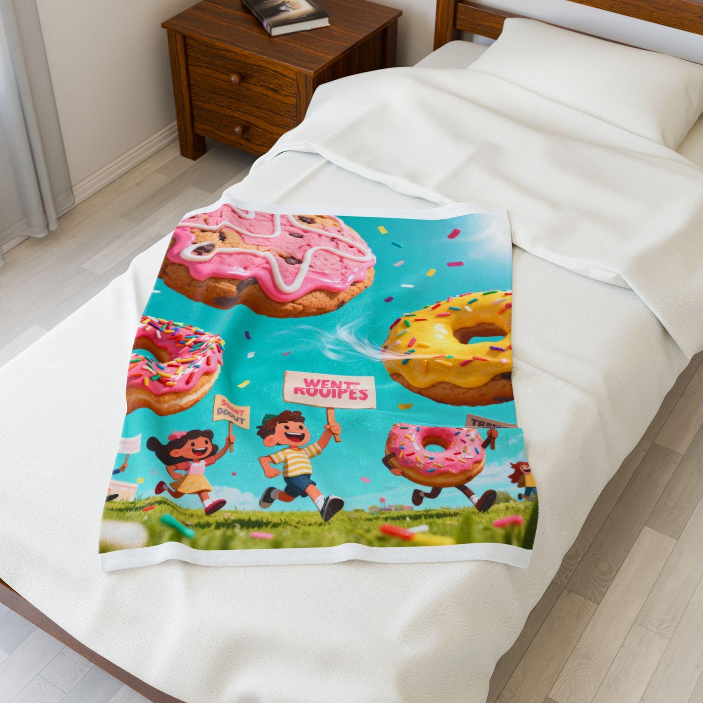 Colorful Kids' Velveteen Plush Blanket | Cozy Donut Design, Fun & Playful Gift, Nursery Décor, Kids' Bedroom, Toddler Blanket