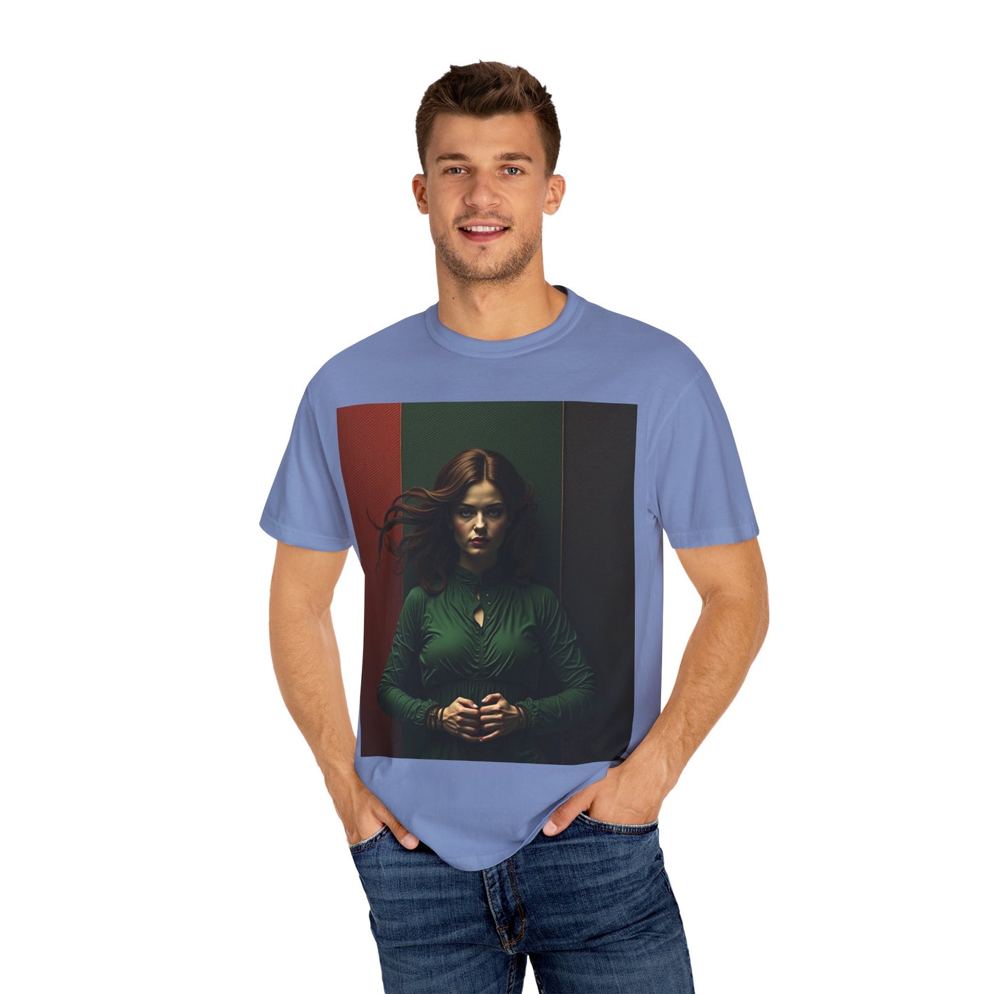 Portrait Photo Tee — Moody Green Woman Graphic T-Shirt