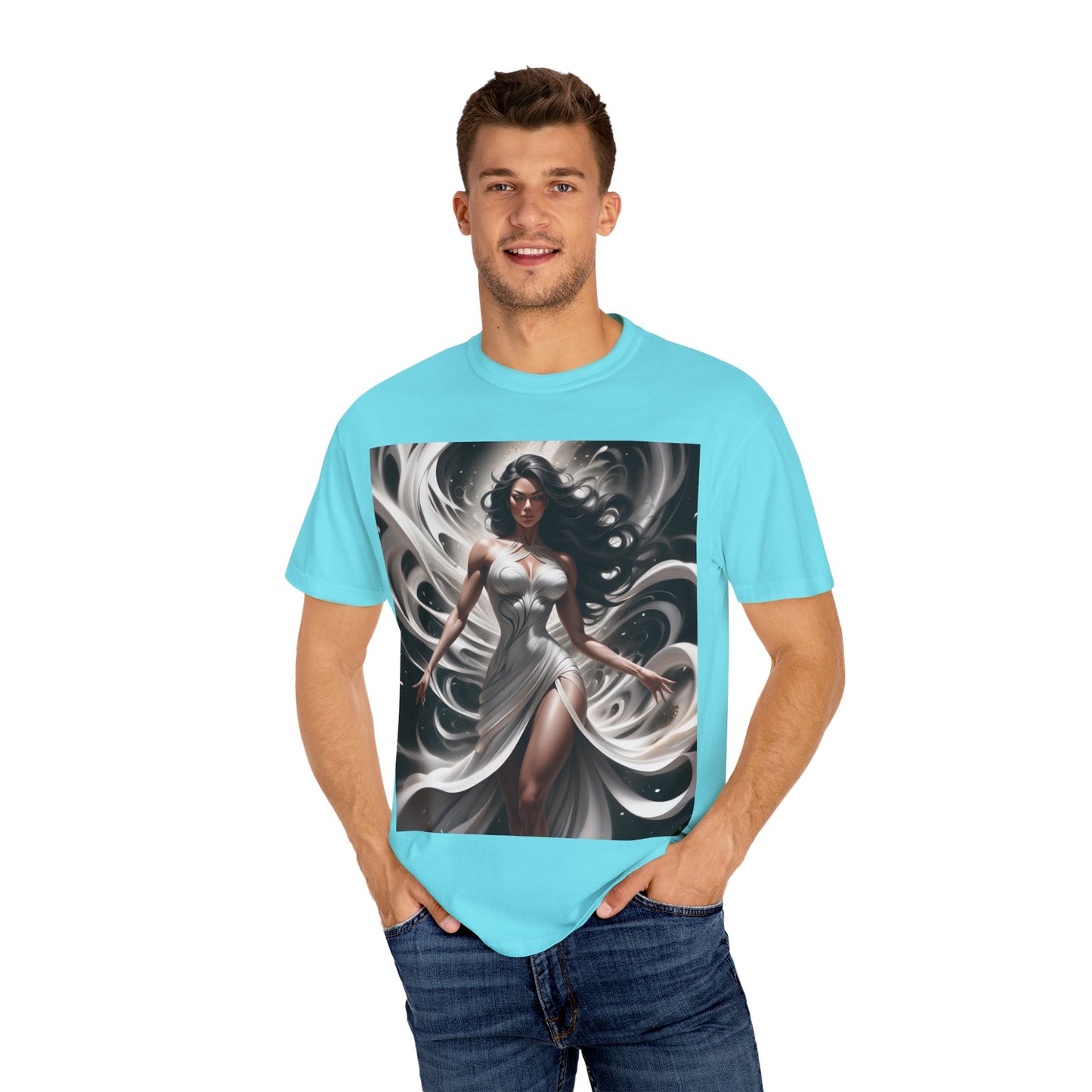 Goddess Art T-Shirt — Elegant White-Draped Fantasy Woman Print