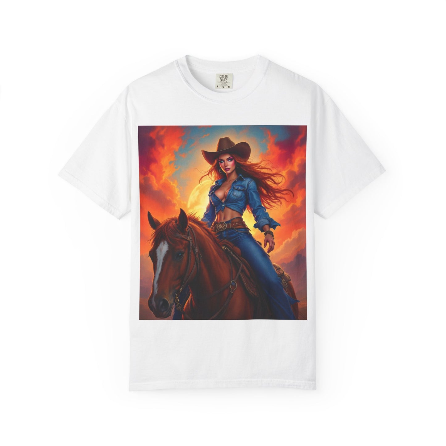 Cowgirl on Horseback T-Shirt — Western Sunset Graphic Tee